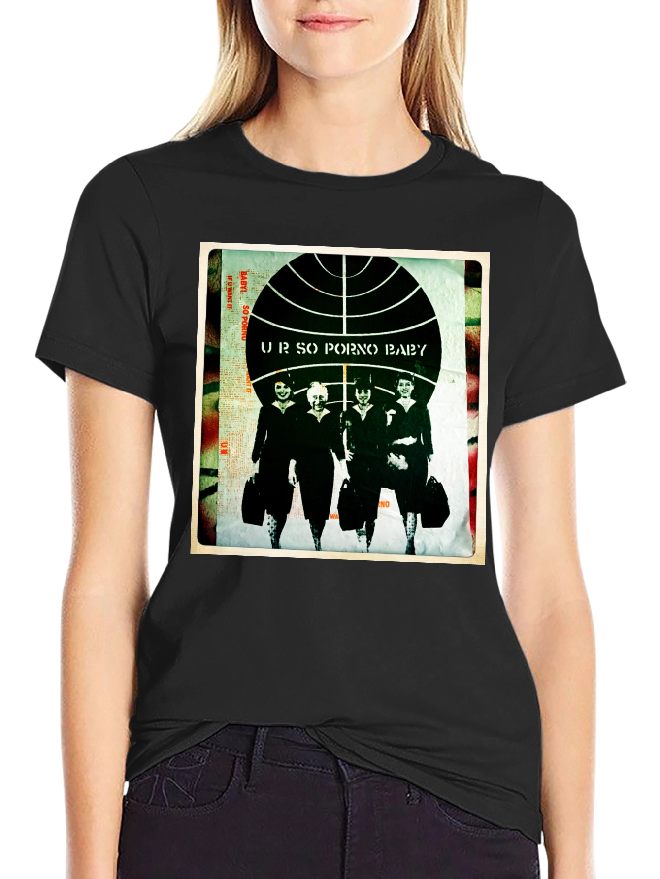 Black Retro Graphic T-Shirt - "UR SO PORNO BABY" Design view 2