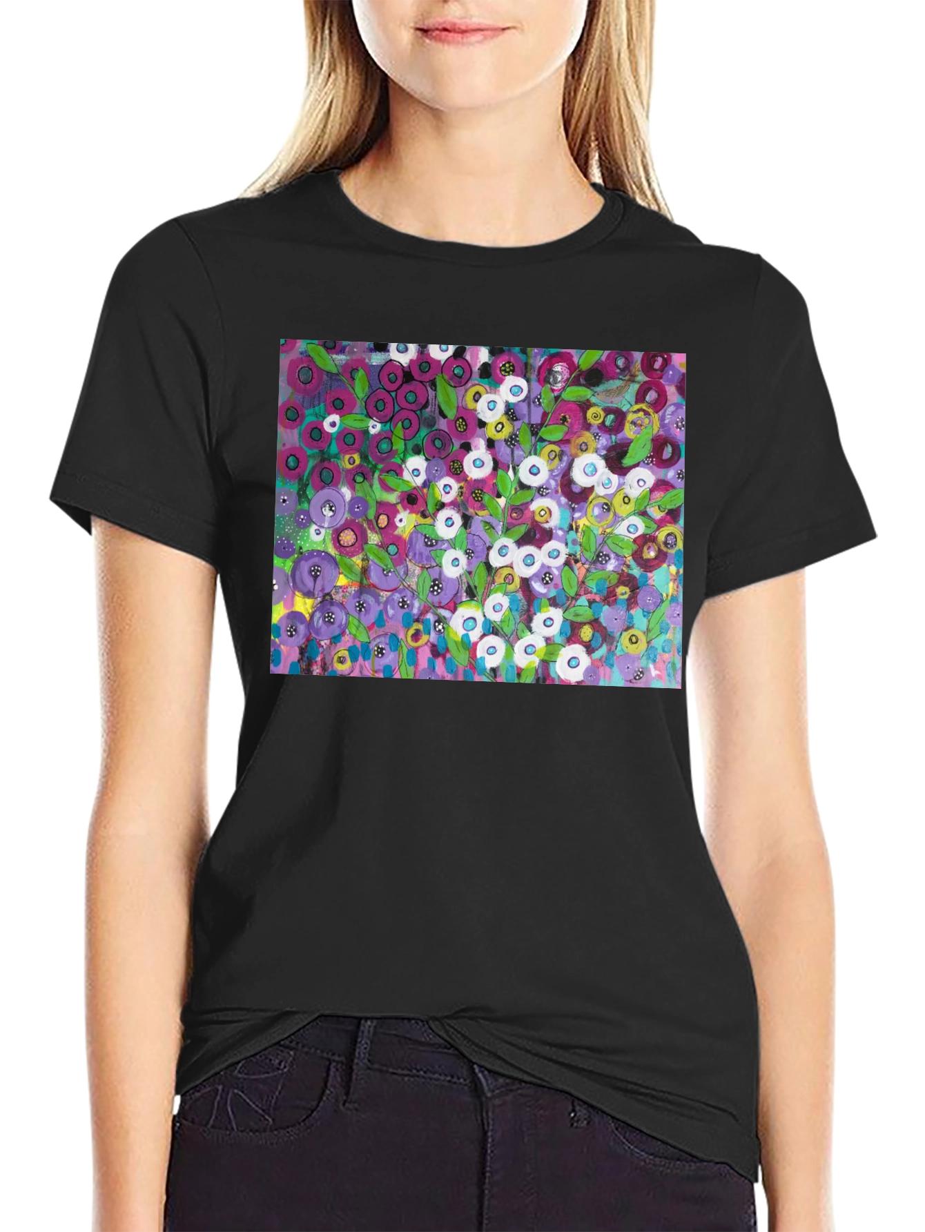 Black Floral Burst Graphic Tee - Modern Art Shirt view 2
