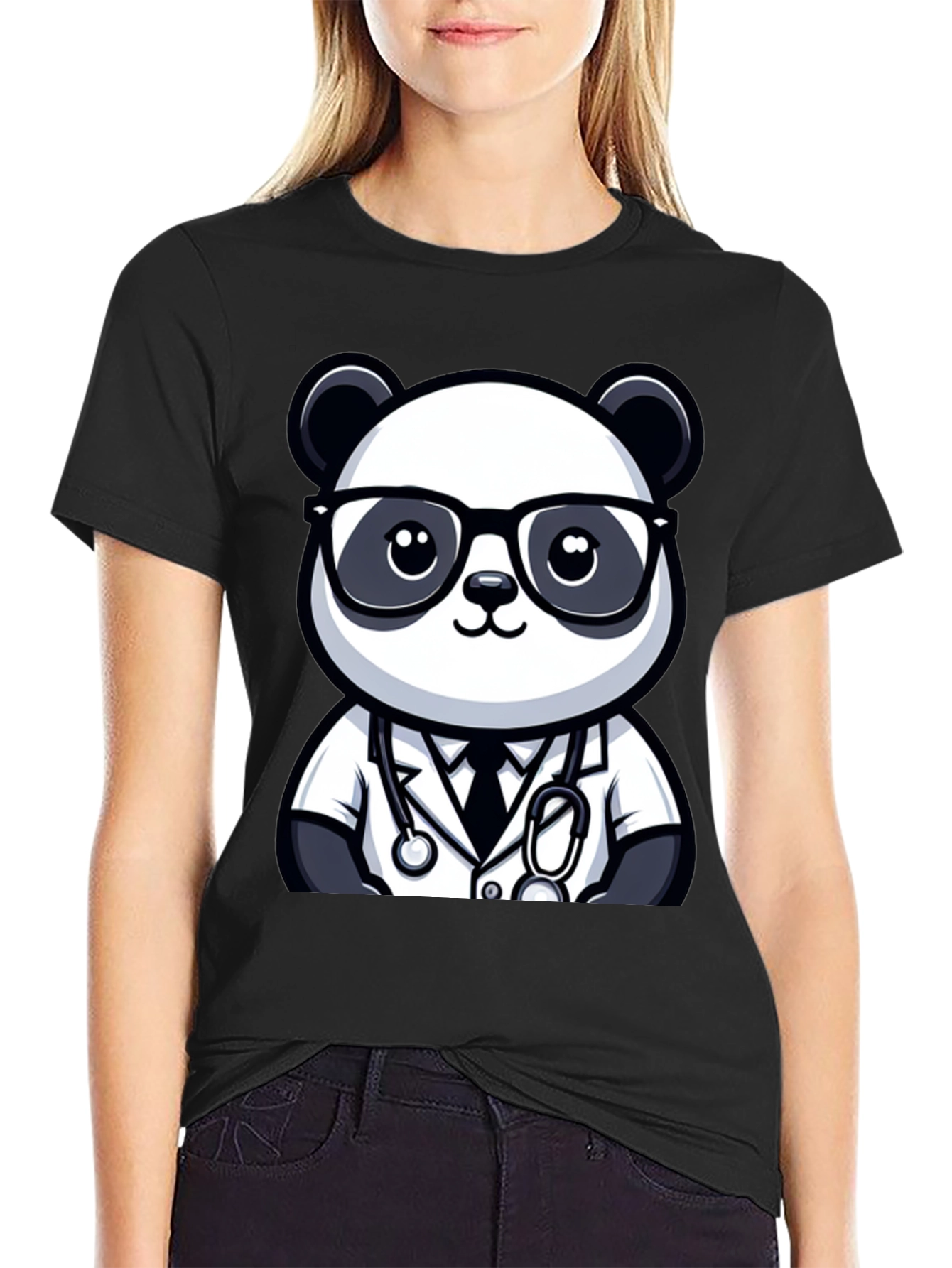 Black Panda Doctor T-Shirt - Cute Cartoon Animal Tee view 2