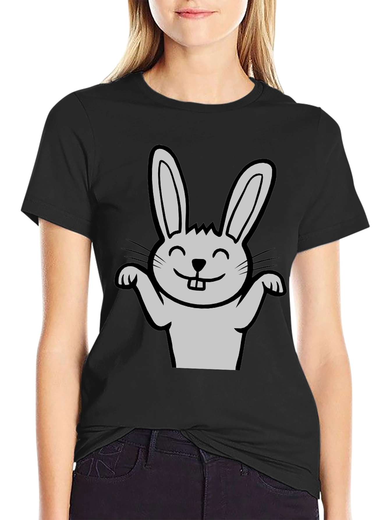 Black Funny Rabbit Graphic Tee - Black Casual T-Shirt view 2