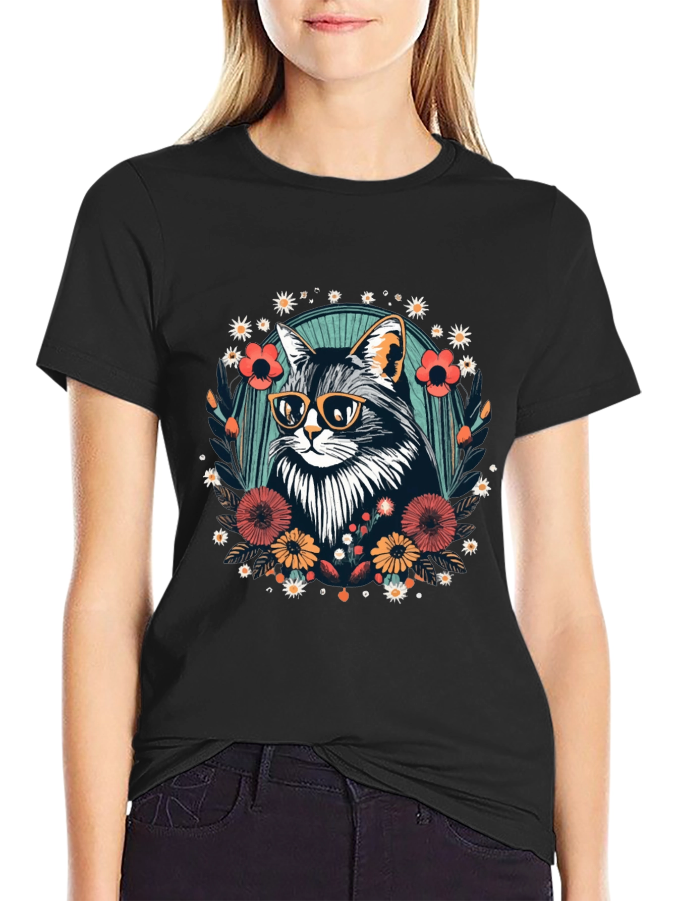 Black Cool Cat Floral Graphic T-Shirt - Unisex view 2