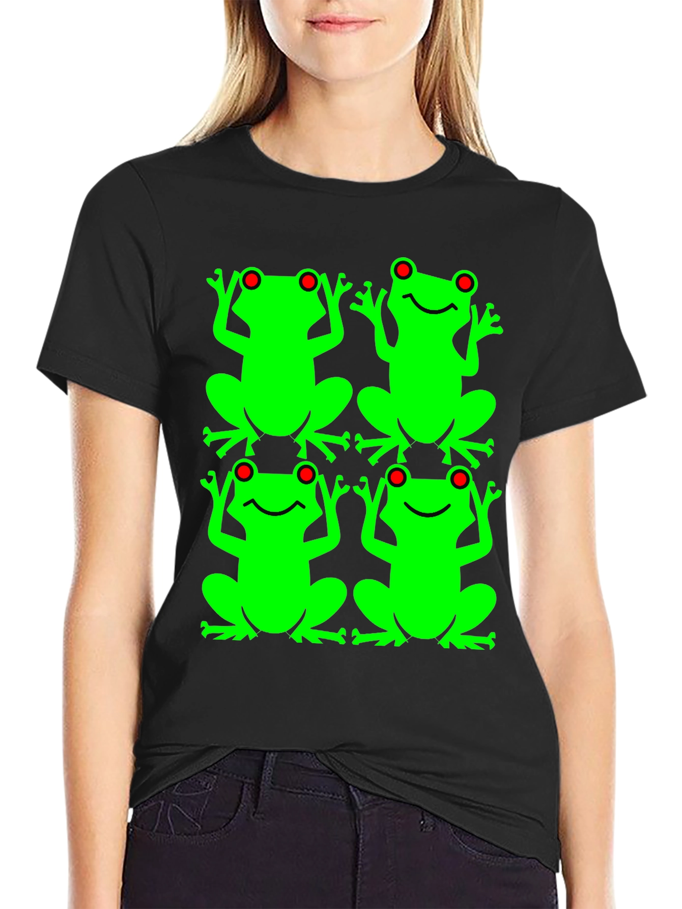 Black Frog Pattern Graphic T-Shirt view 2