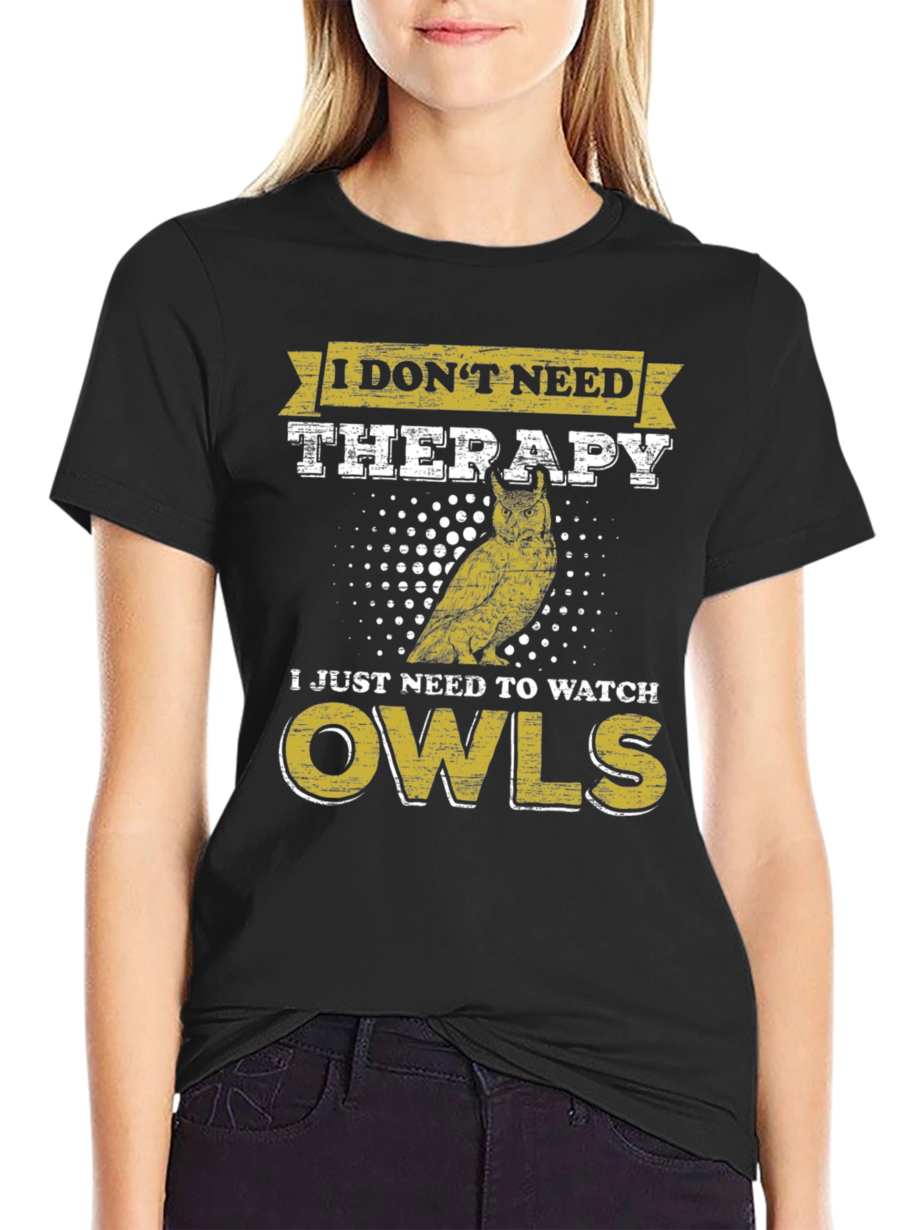 Black Funny Owl Lover T-Shirt: No Therapy, Just Owls! view 2