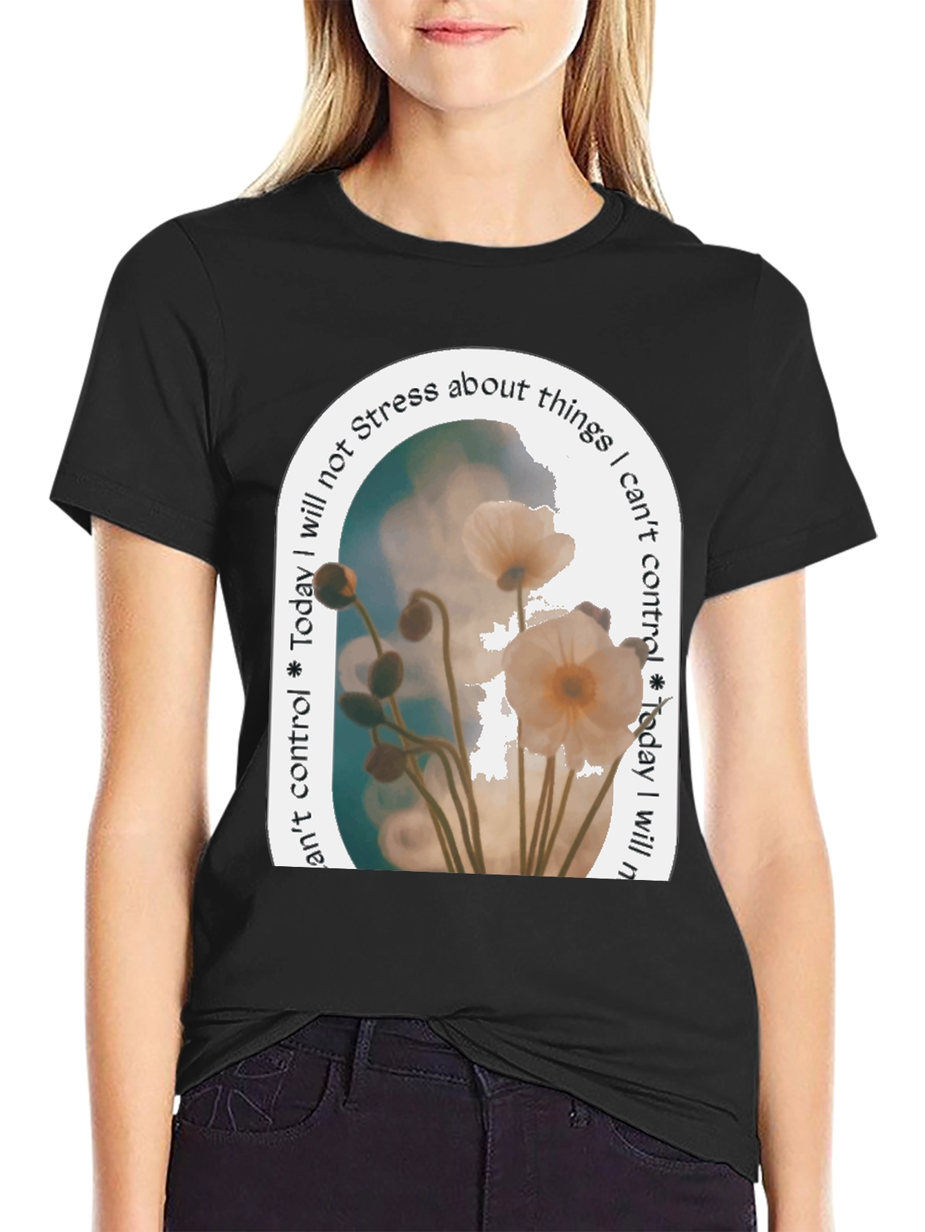 Black Floral Serenity T-Shirt: Stress-Free Living view 2