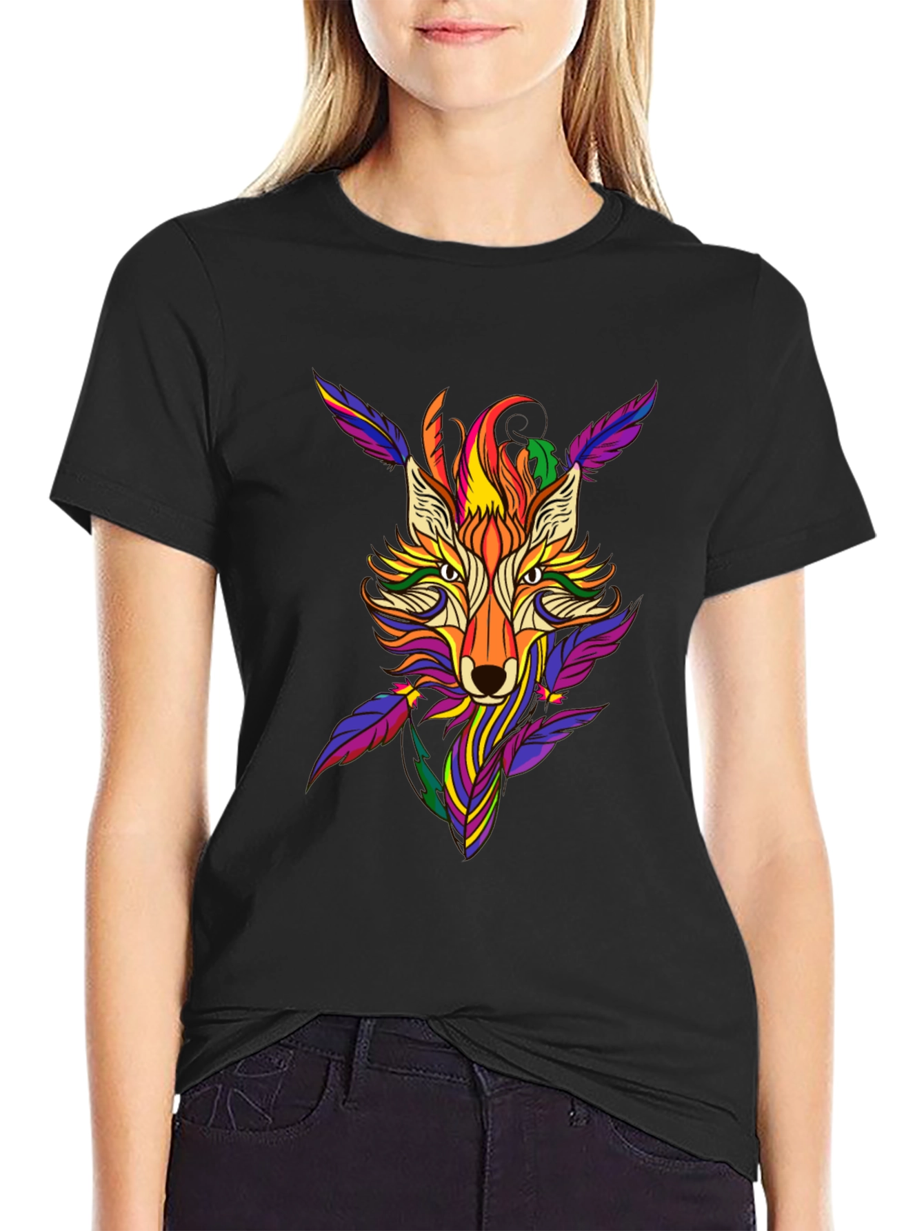 Black Colorful Fox Graphic Print T-Shirt view 2