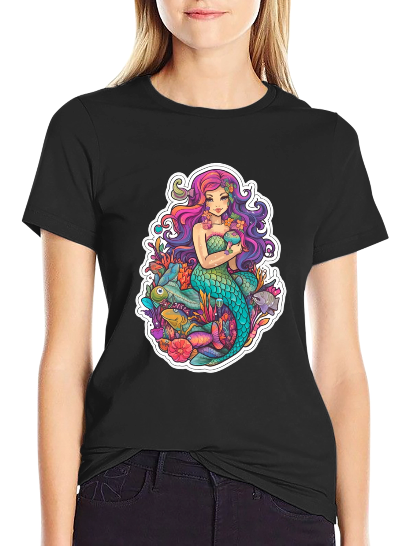 Black Mermaid Graphic Tee - Black Cotton T-Shirt view 2