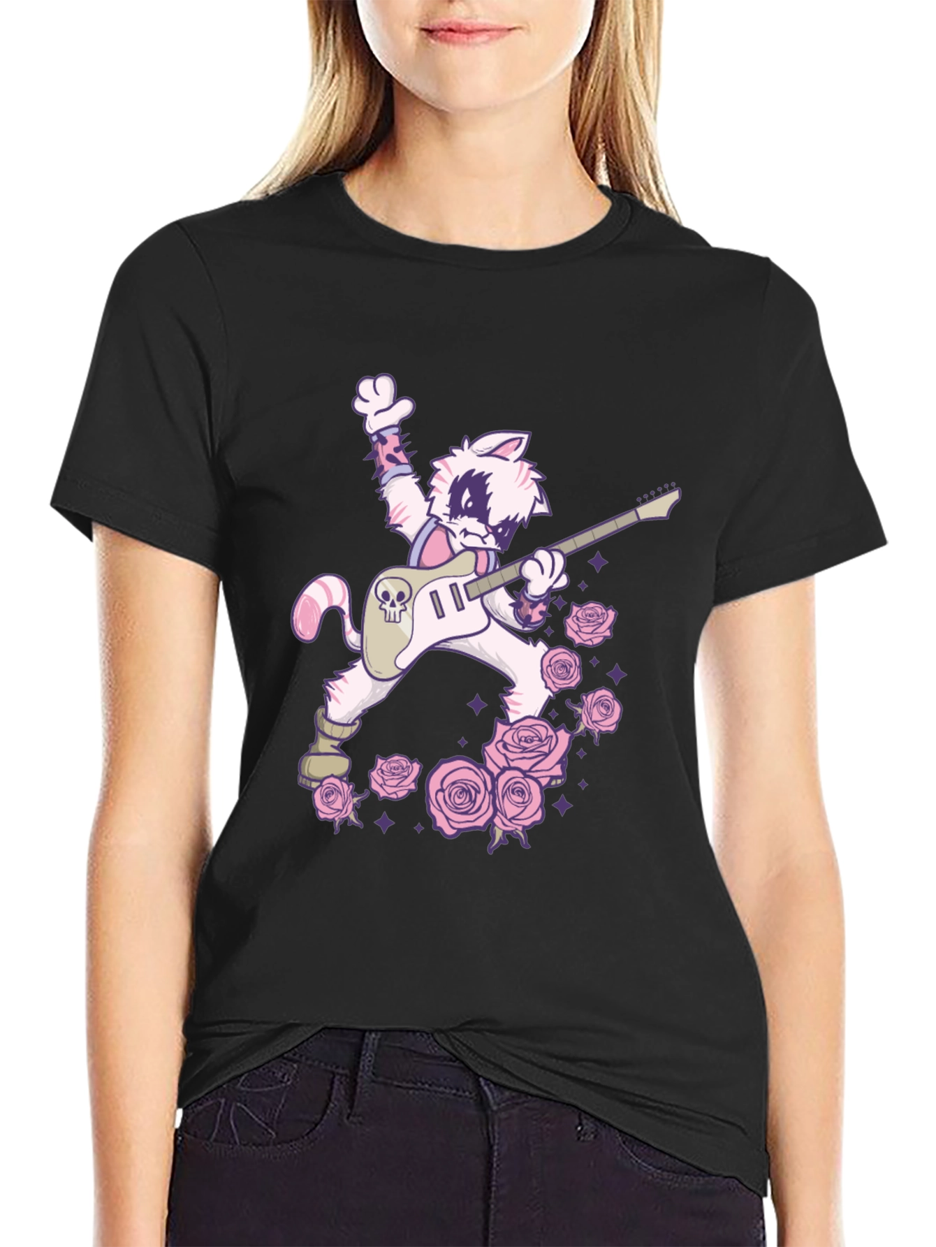 Black Rockstar Cat T-Shirt - Skull Guitar & Roses Graphic Tee view 2