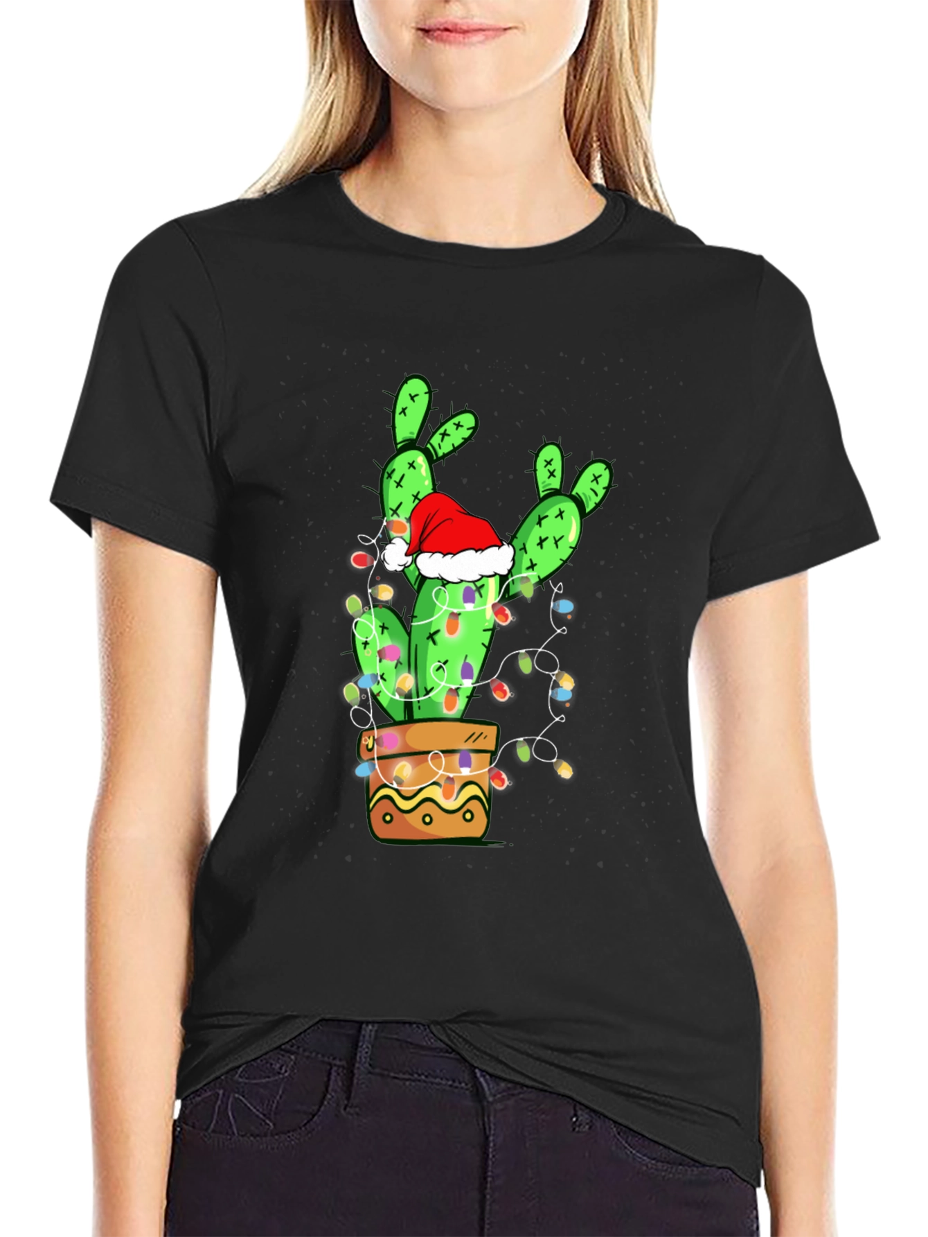Black Festive Cactus T-Shirt: Christmas Holiday Apparel view 2