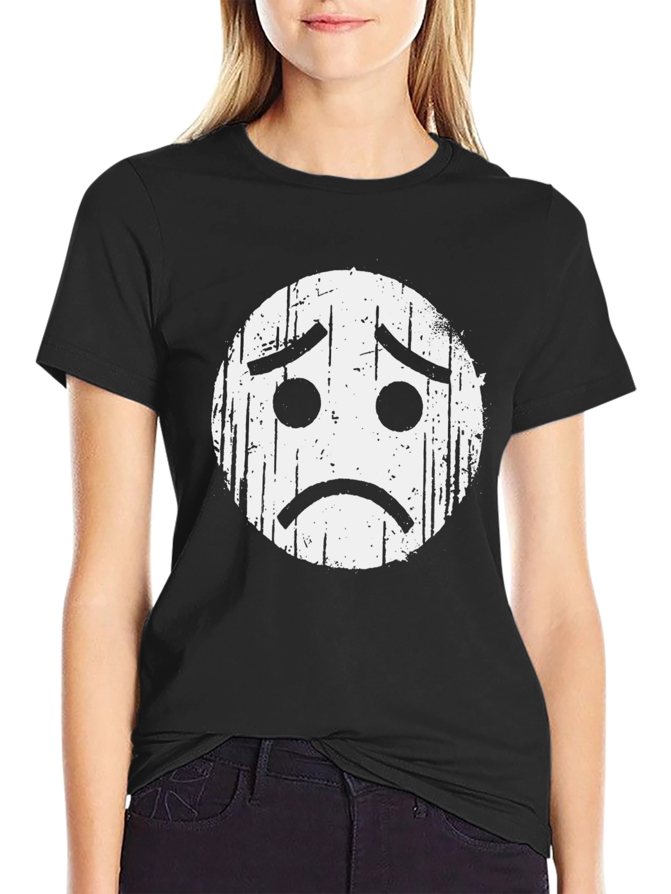 Black Distressed Sad Face Graphic T-Shirt view 2