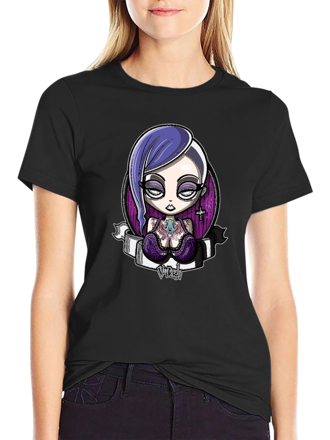 Black Gothic Cartoon Girl Graphic Black T-Shirt view 2