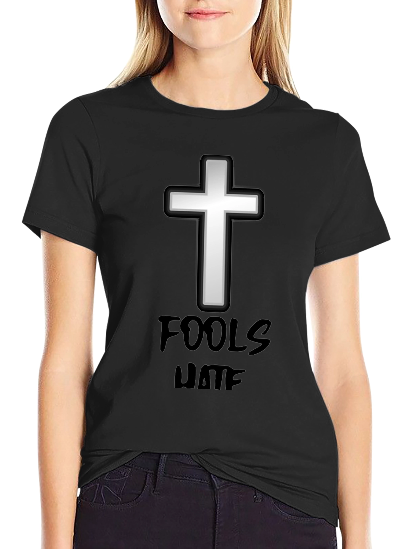 Black Fools Hate Cross Graphic Tee - Black Cotton T-Shirt view 2