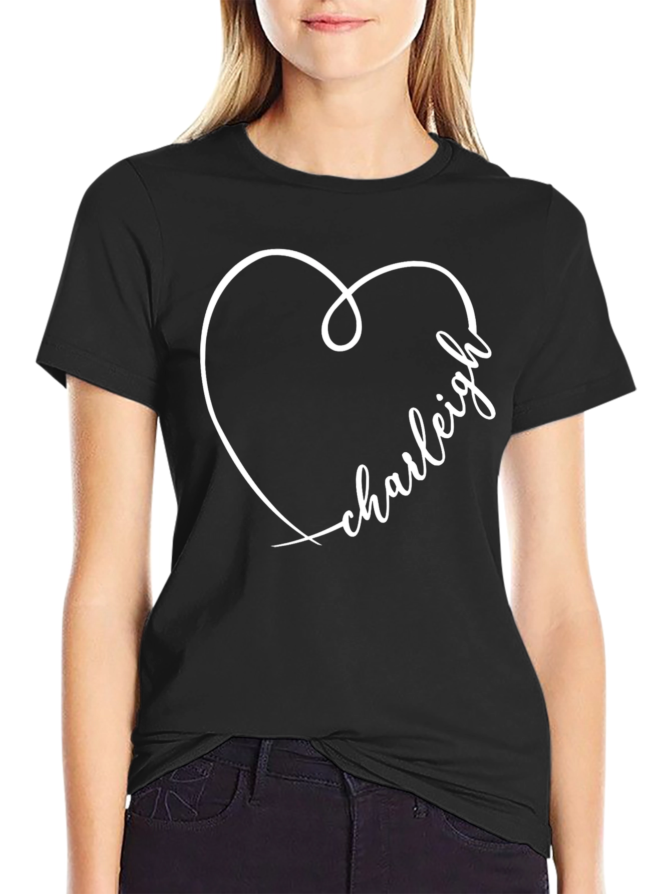 Black Personalized "Charleigh" Heart Graphic T-Shirt view 2