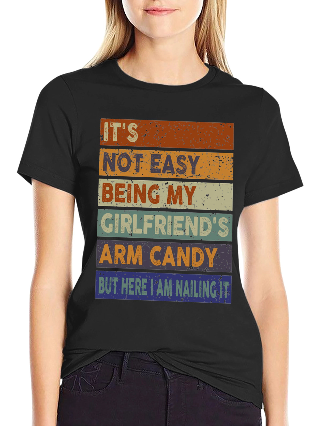 Black It's Not Easy Being My Girlfriend's Arm Candy T-Shirt view 2