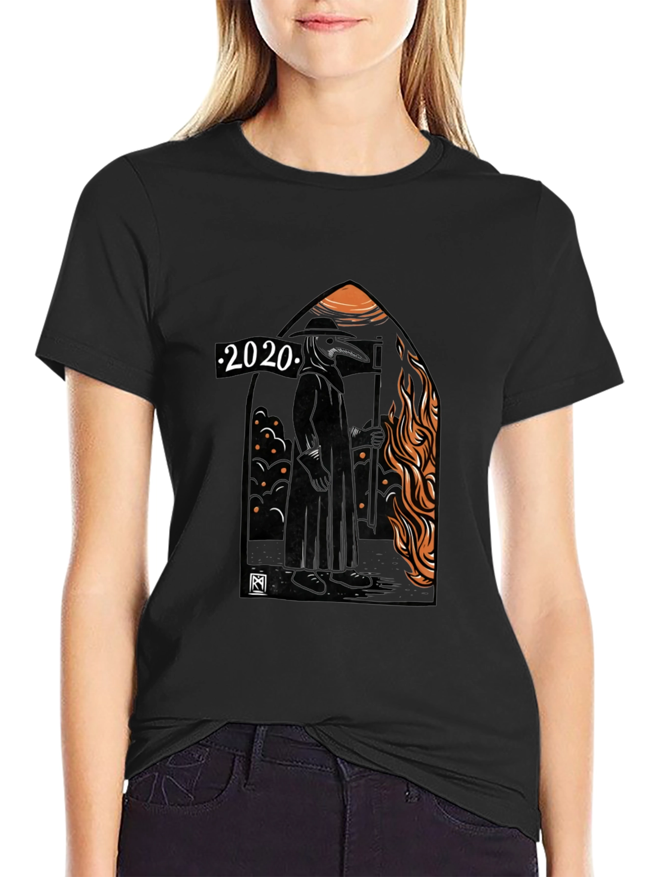 Black 2020 Plague Doctor Graphic Tee - Black Cotton T-Shirt view 2