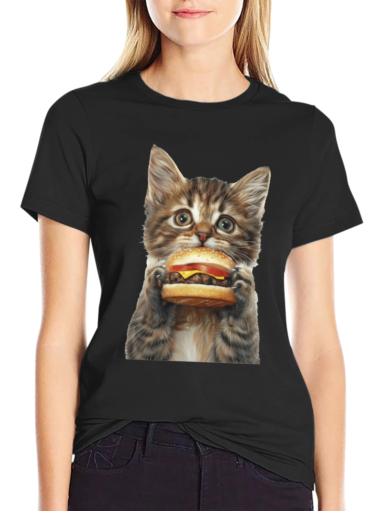 Black Cat Burger T-Shirt - Funny Kitten Graphic Tee view 2