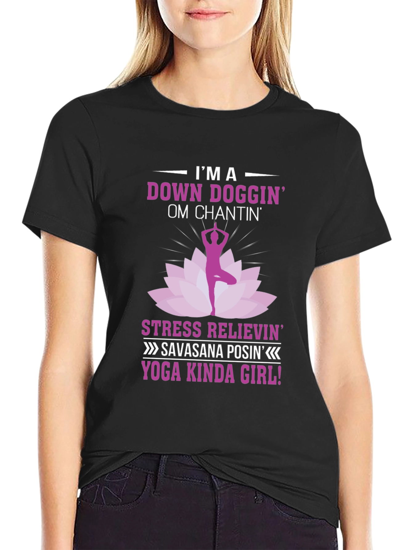 Black Yoga Kinda Girl Graphic Tee - Down Doggin' Om Chanting T-Shirt view 2