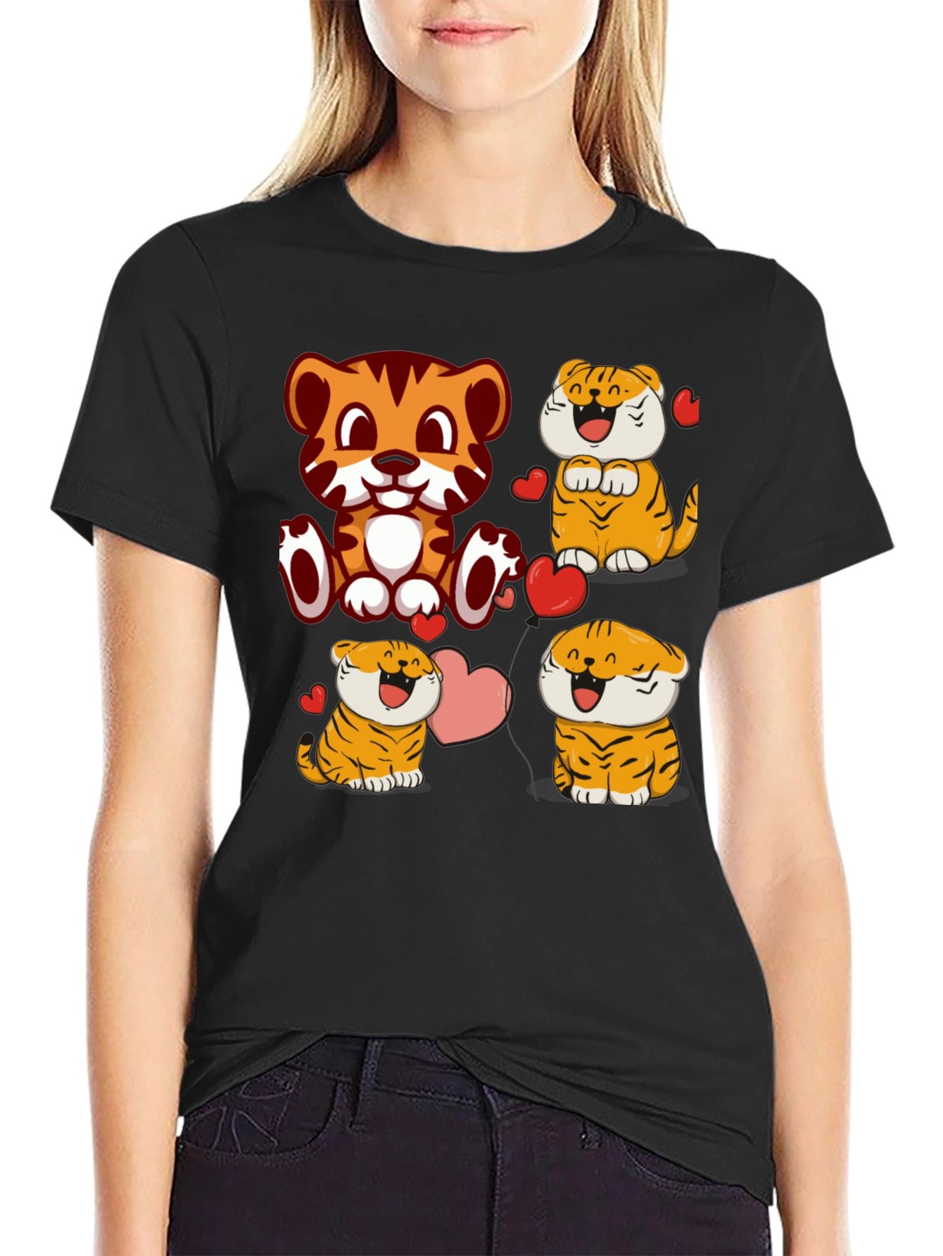 Black Cute Cartoon Tiger Graphic Tee - Black view 2
