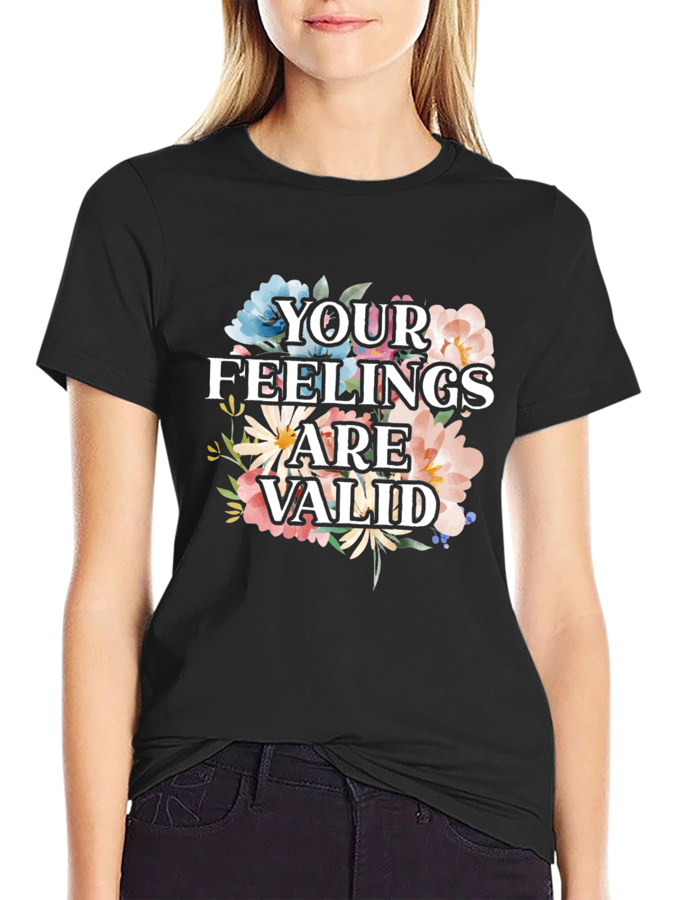 Black Floral "Your Feelings Are Valid" Graphic Tee view 2