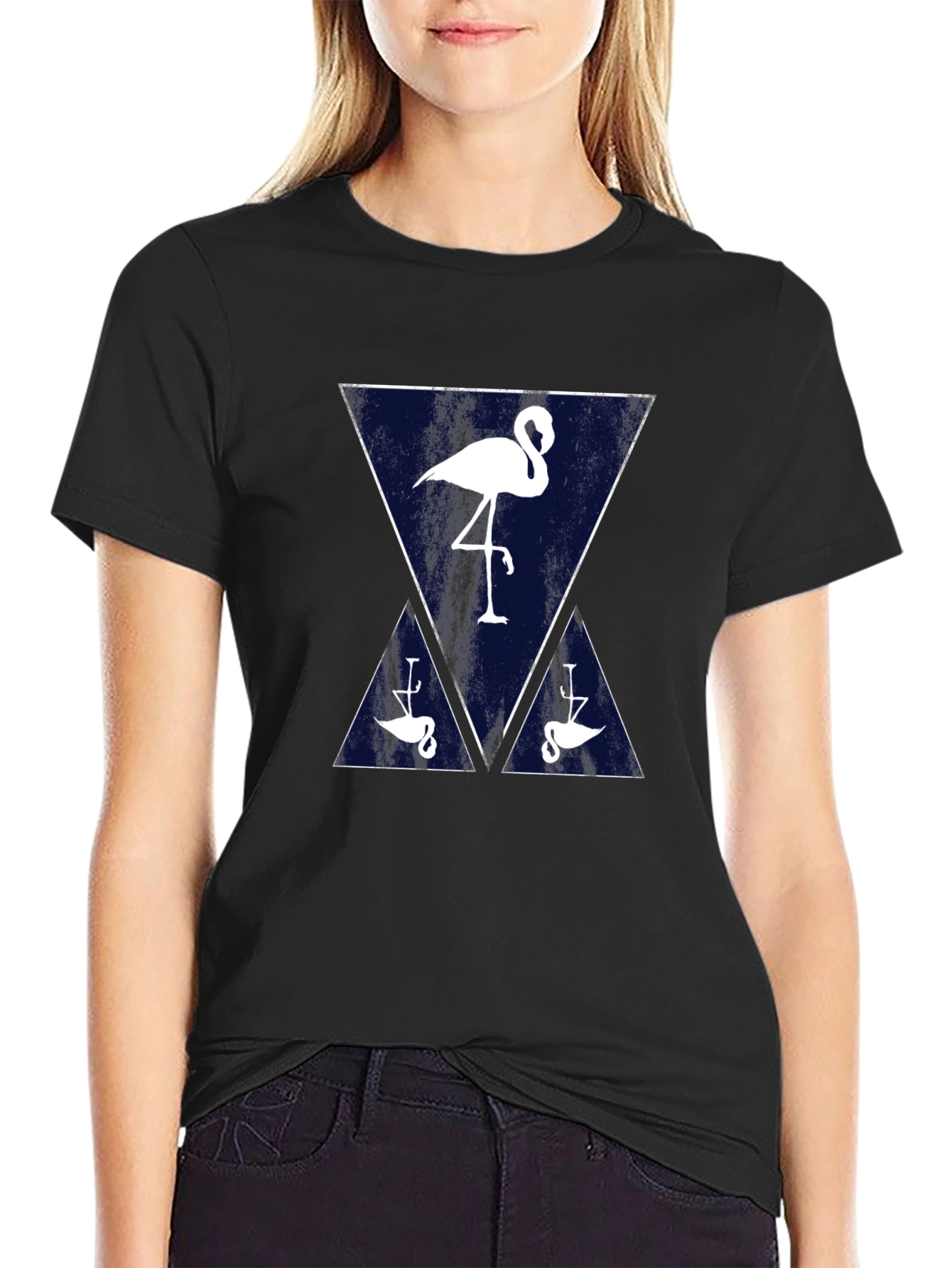 Black Flamingo Triangle Graphic Tee - Casual Black T-Shirt view 2