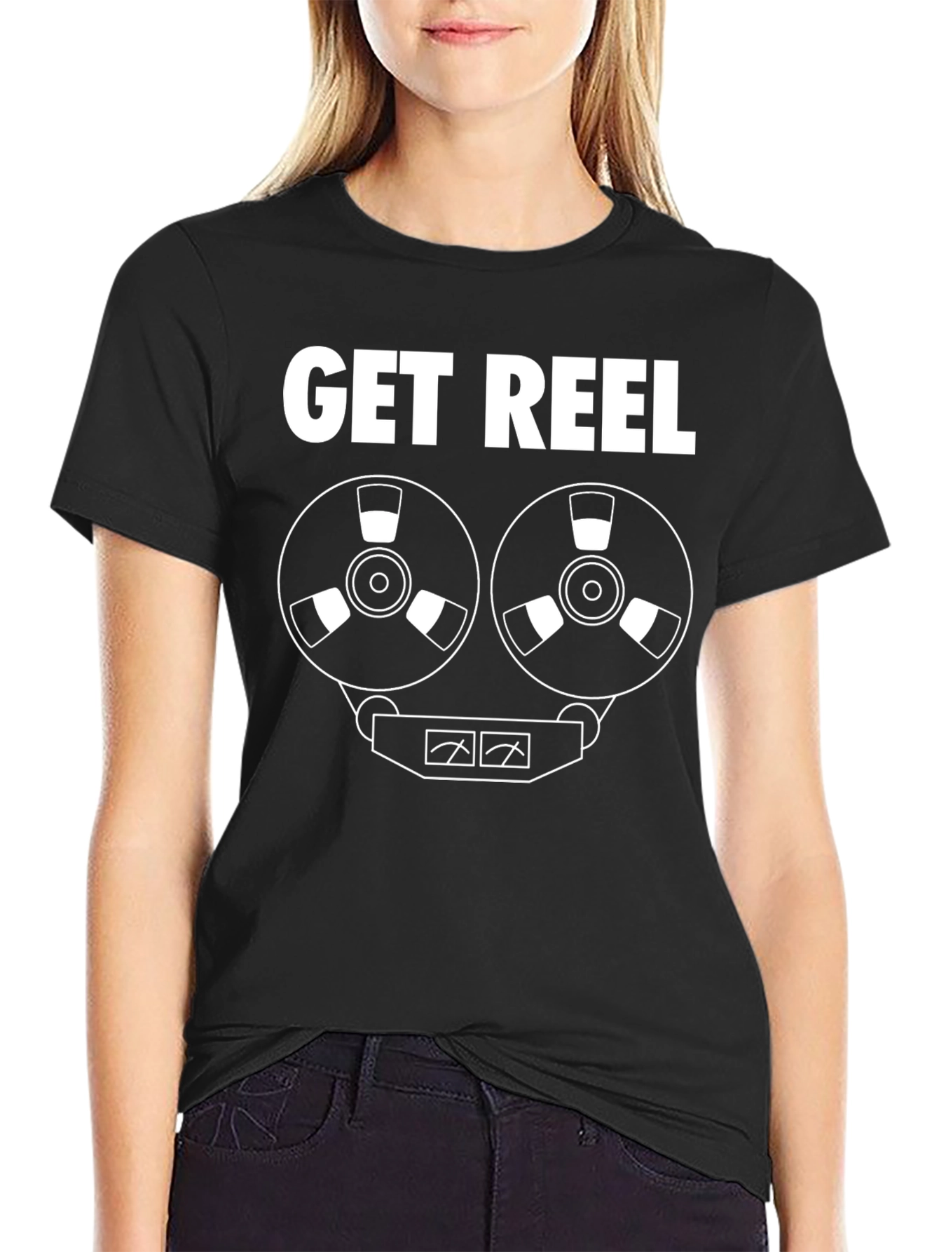 Black Get Reel T-Shirt - Retro Audio Enthusiast Tee view 2