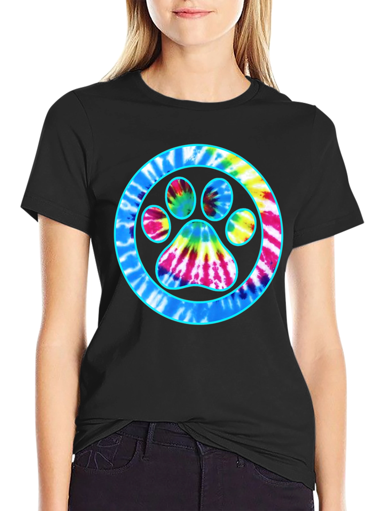 Black Tie-Dye Paw Print Graphic Tee - Casual Comfort view 2