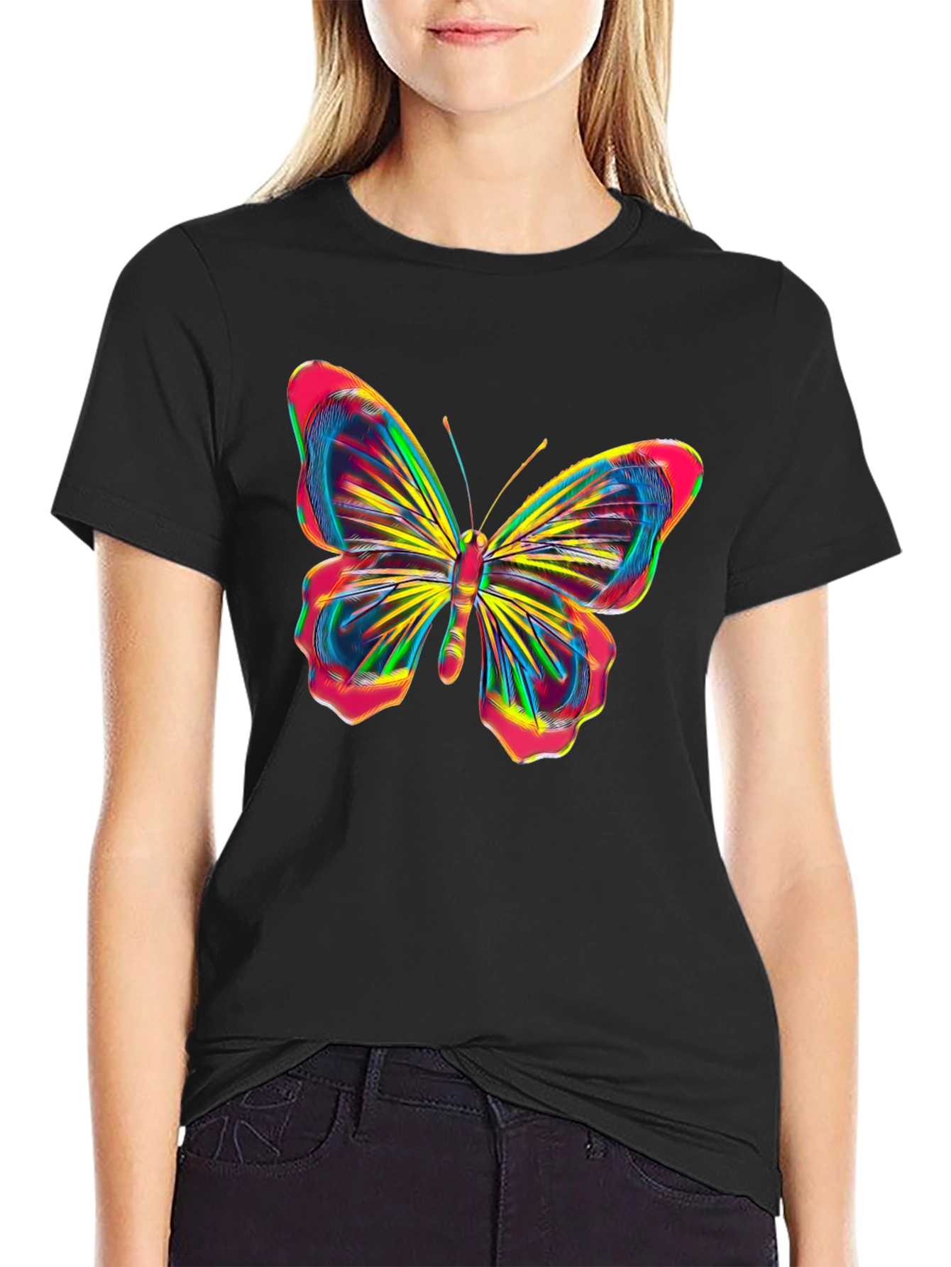Black Vibrant Butterfly Graphic Tee - Bold Black Cotton Shirt view 2
