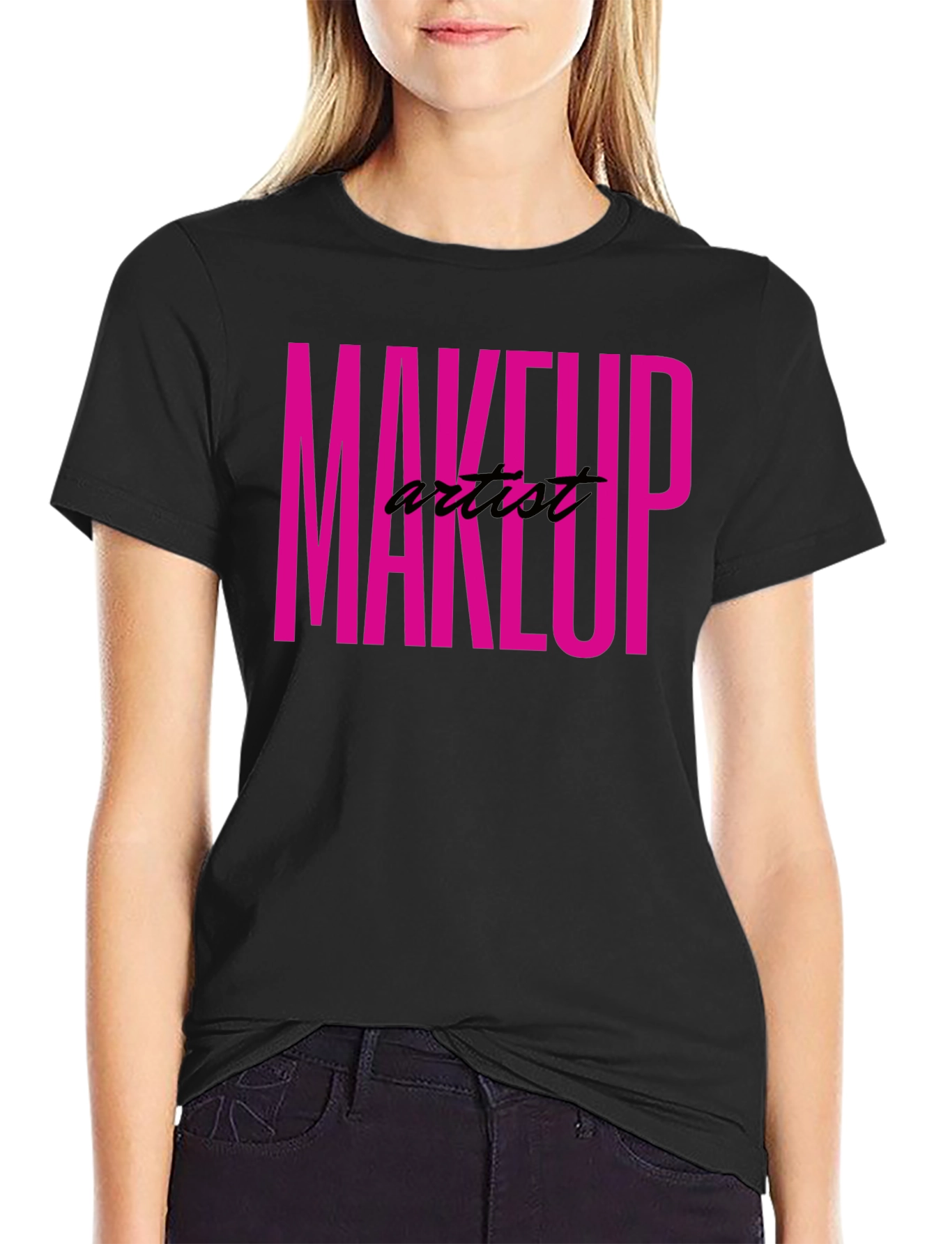 Black Makeup Artist Tee - Bold Pink Graphic T-Shirt view 2
