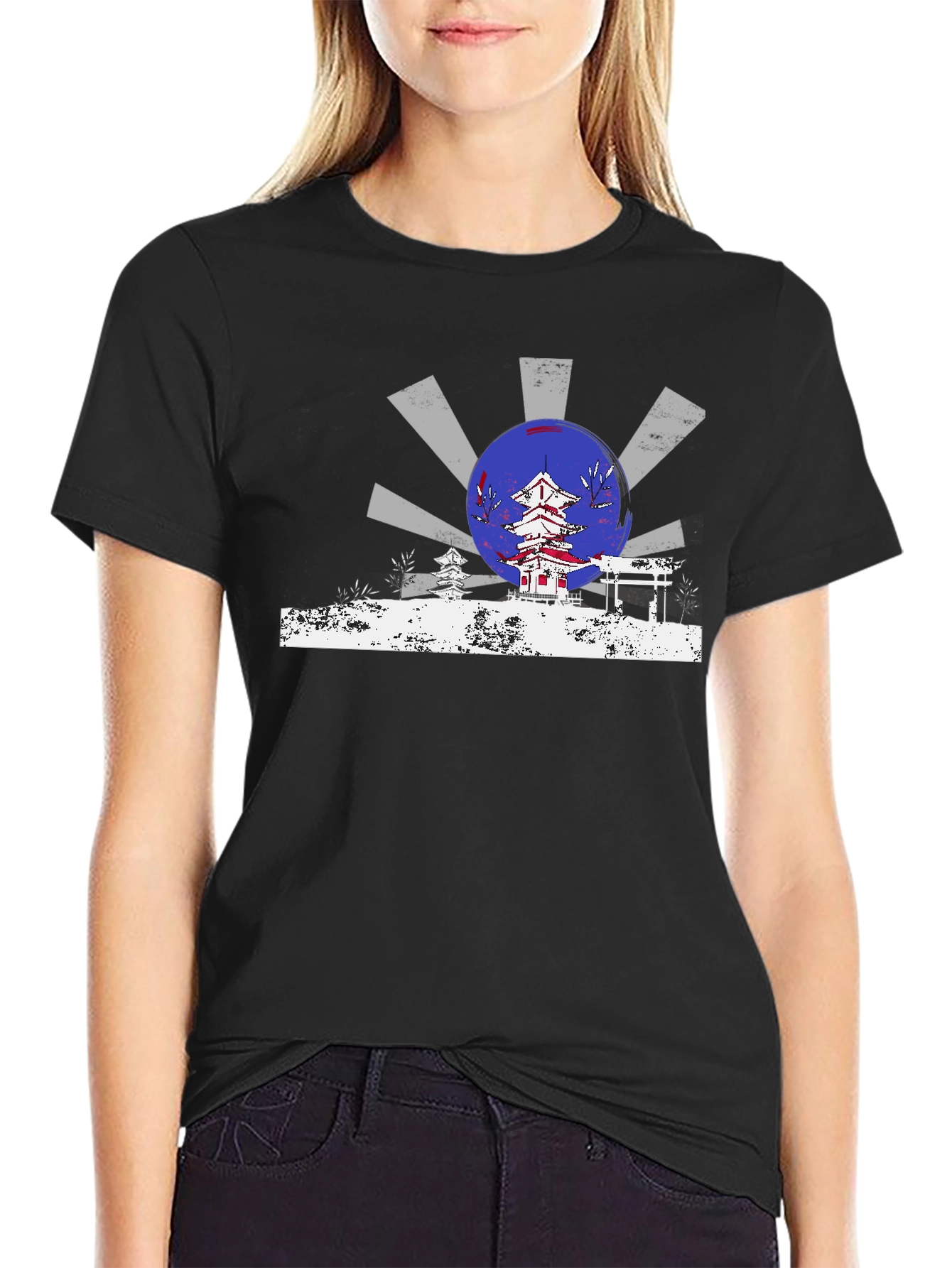 Black Japanese Temple Design T-Shirt view 2