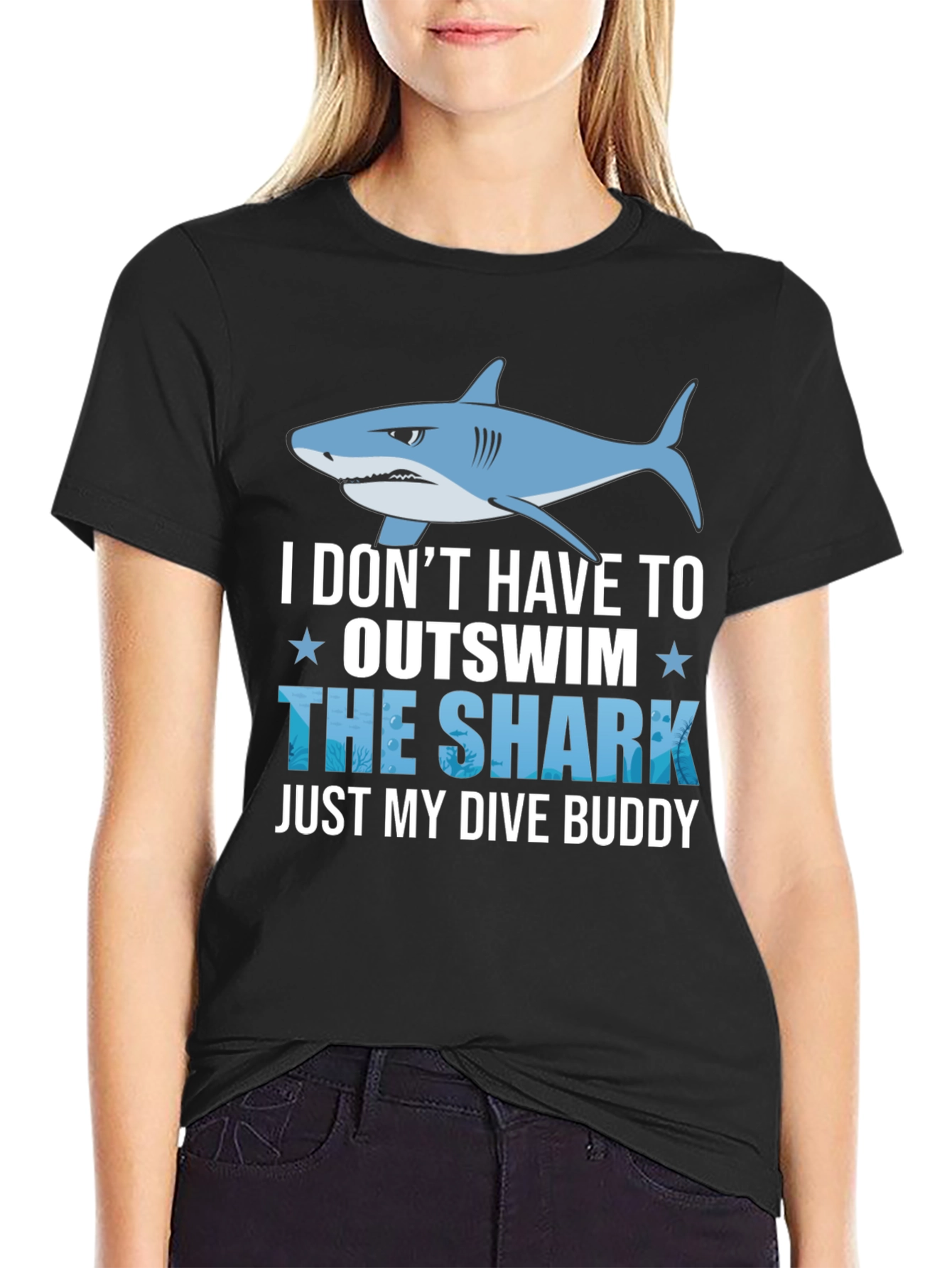Black Funny Dive Buddy Shark T-Shirt view 2