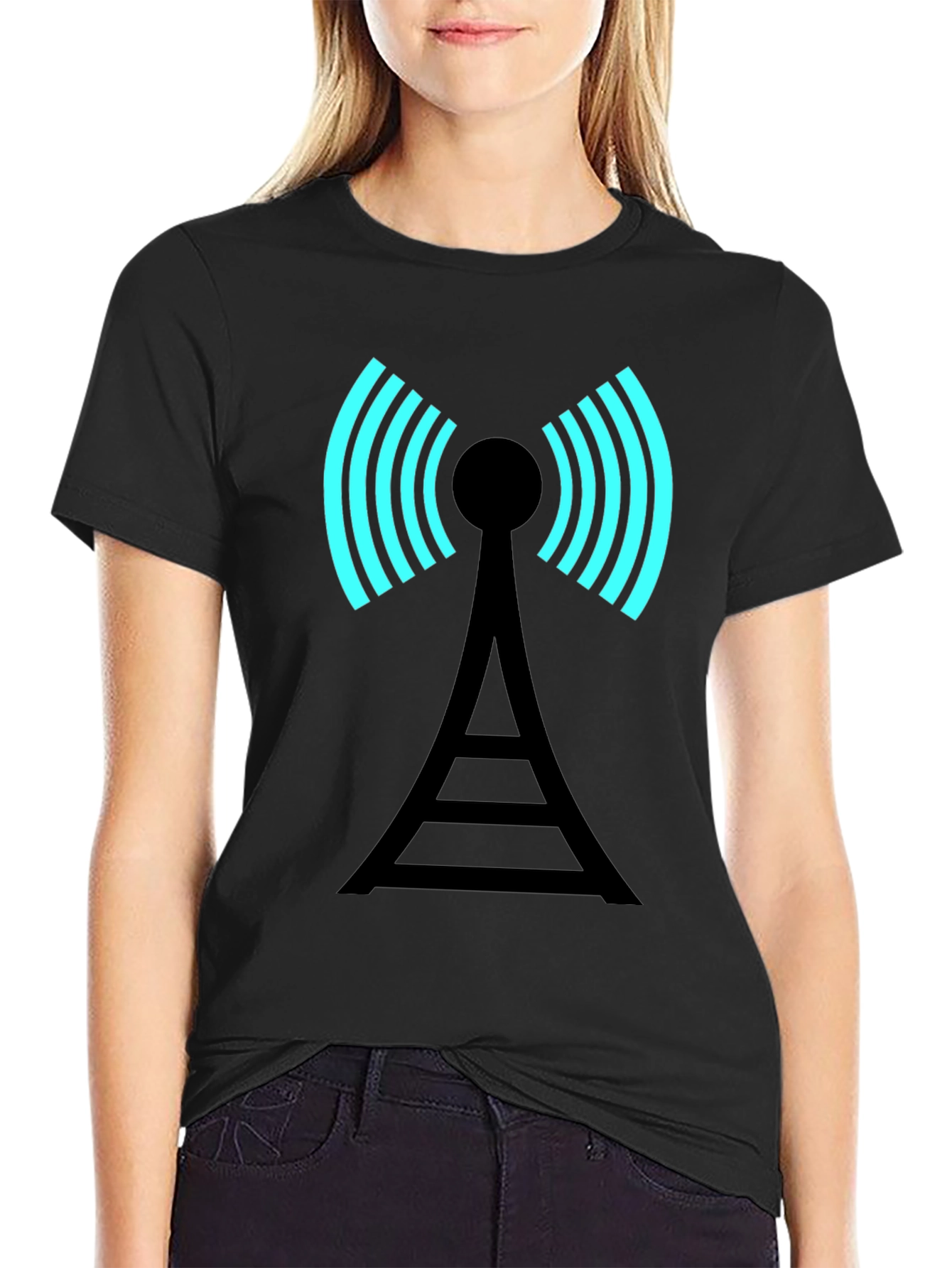 Black Signal Tower Graphic Tee - Modern Black T-Shirt view 2