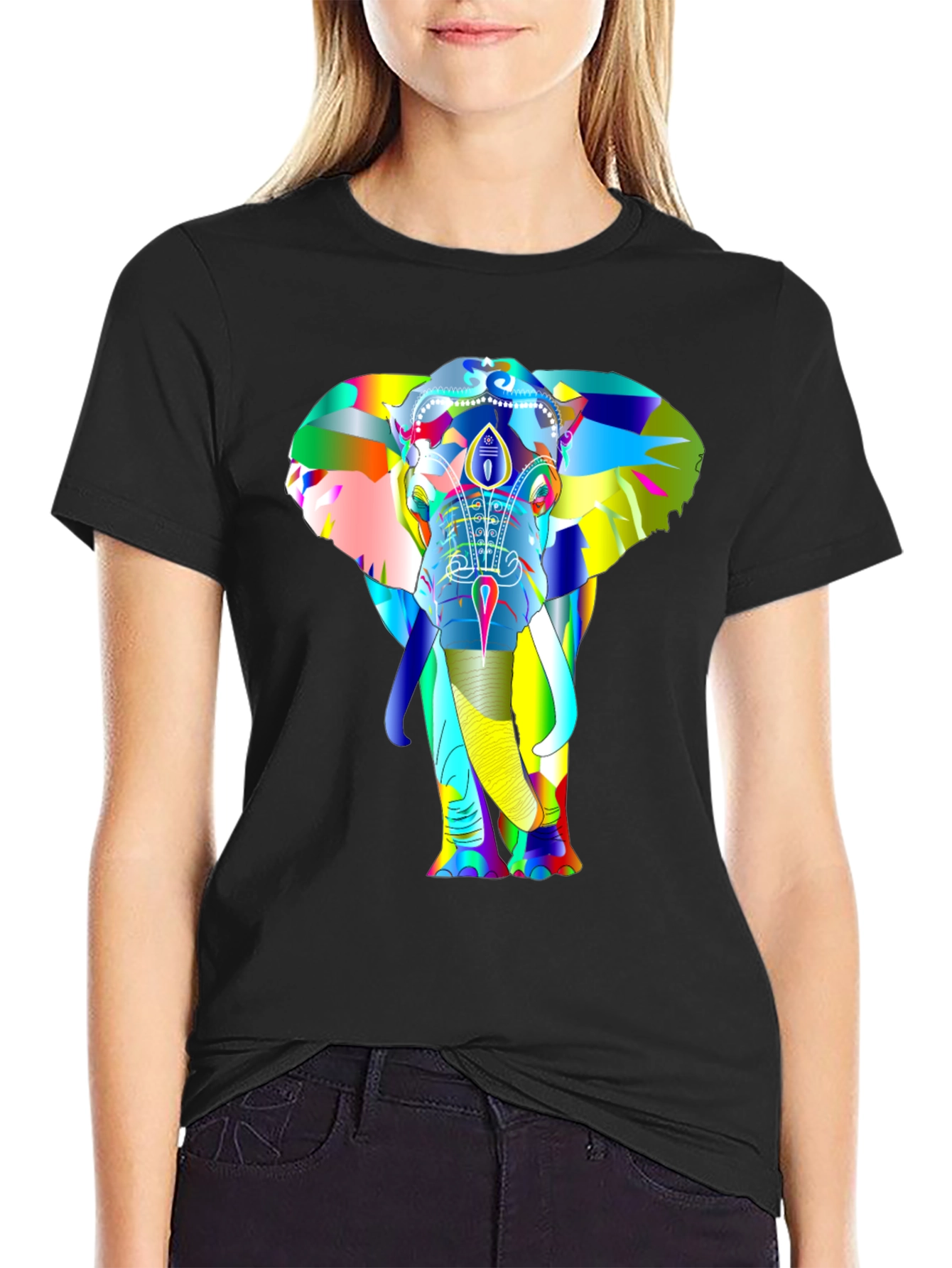 Black Colorful Elephant Graphic T-Shirt view 2