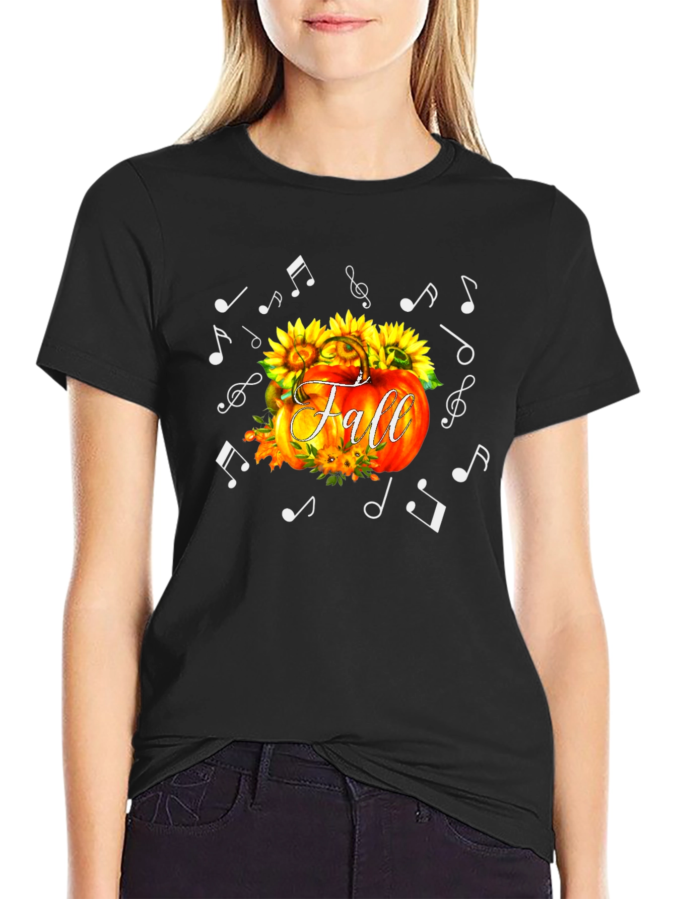 Black Fall Pumpkin Music Notes Black T-Shirt view 2