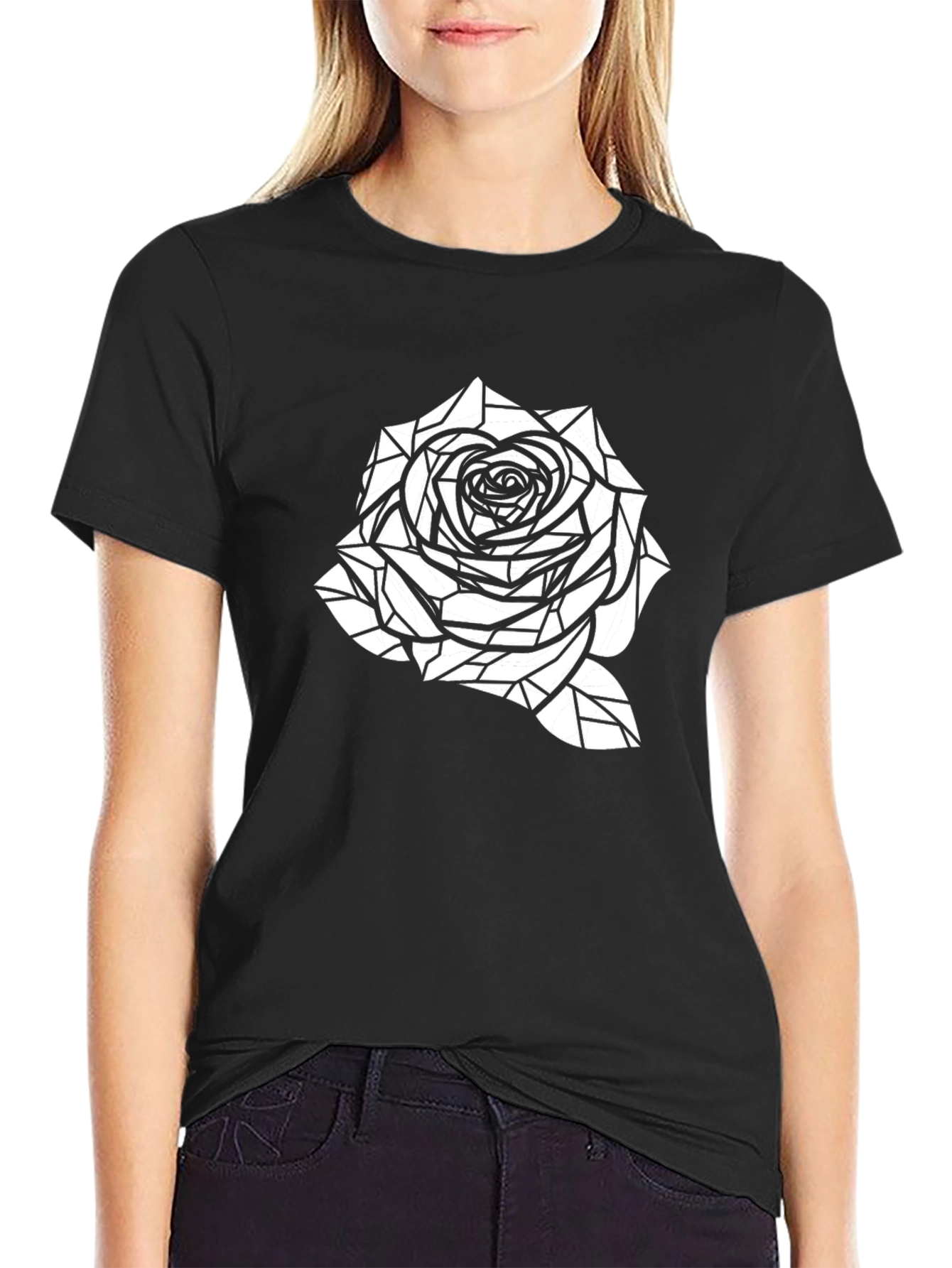 Black Geometric Rose Graphic Tee - Black Cotton Casual Shirt view 2