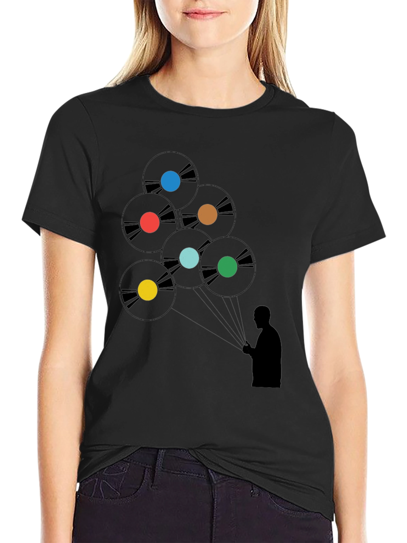 Black Vinyl Record Balloon Graphic Tee - Stylish Music Lover Shirt view 2
