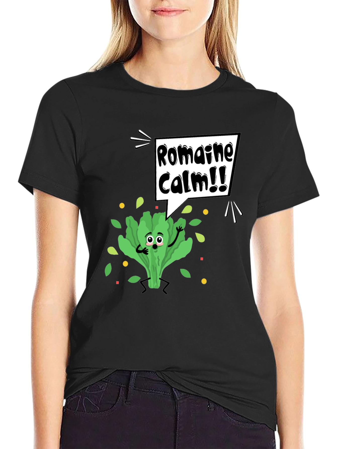 Black Romaine Calm Graphic Tee - Funny Food Pun T-Shirt view 2