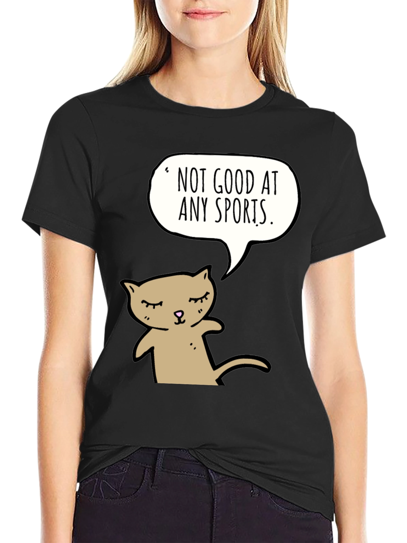 Black Funny Cat T-Shirt - "Not Good at Any Sports" view 2