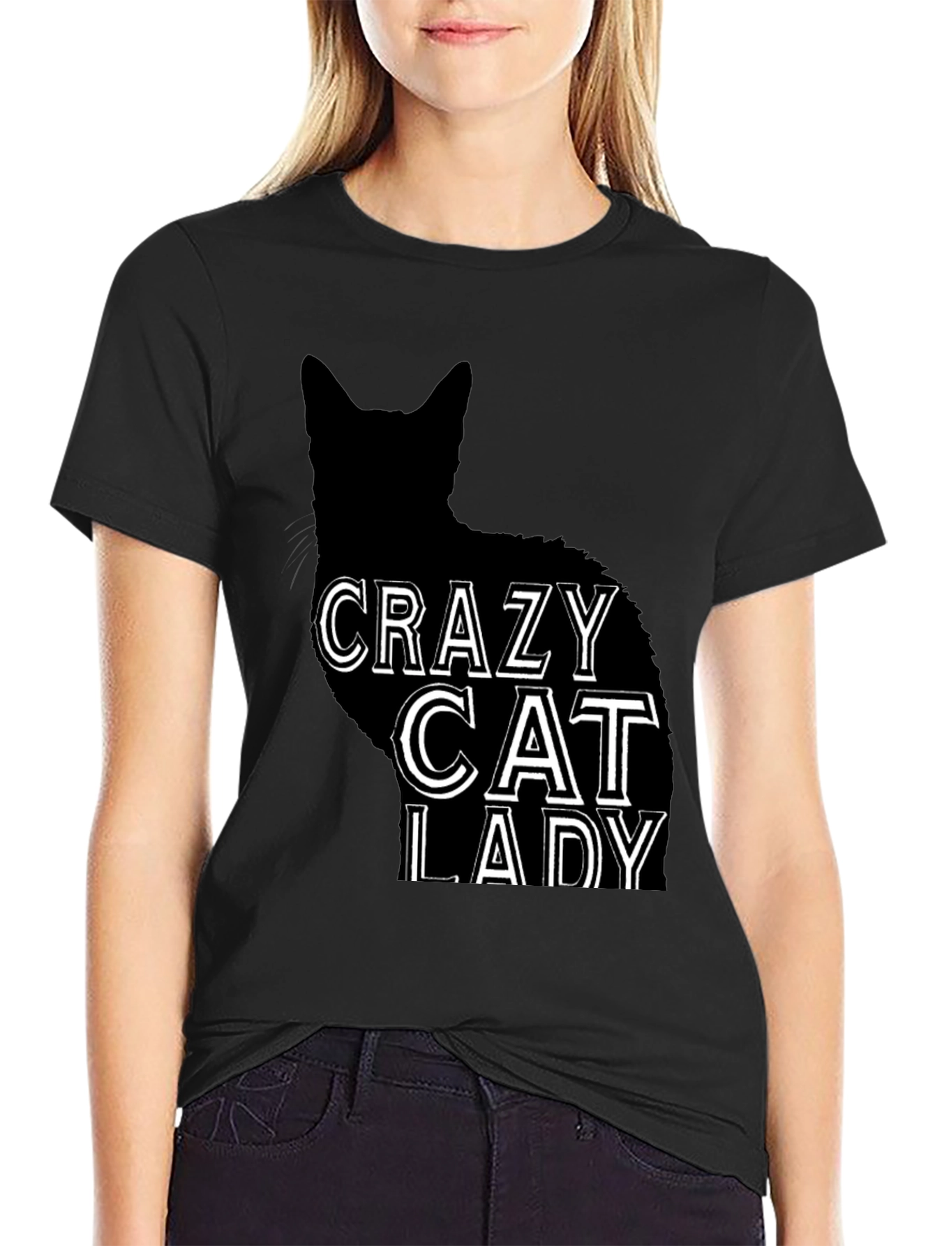 Black Crazy Cat Lady T-Shirt - Black Cat Silhouette Tee view 2