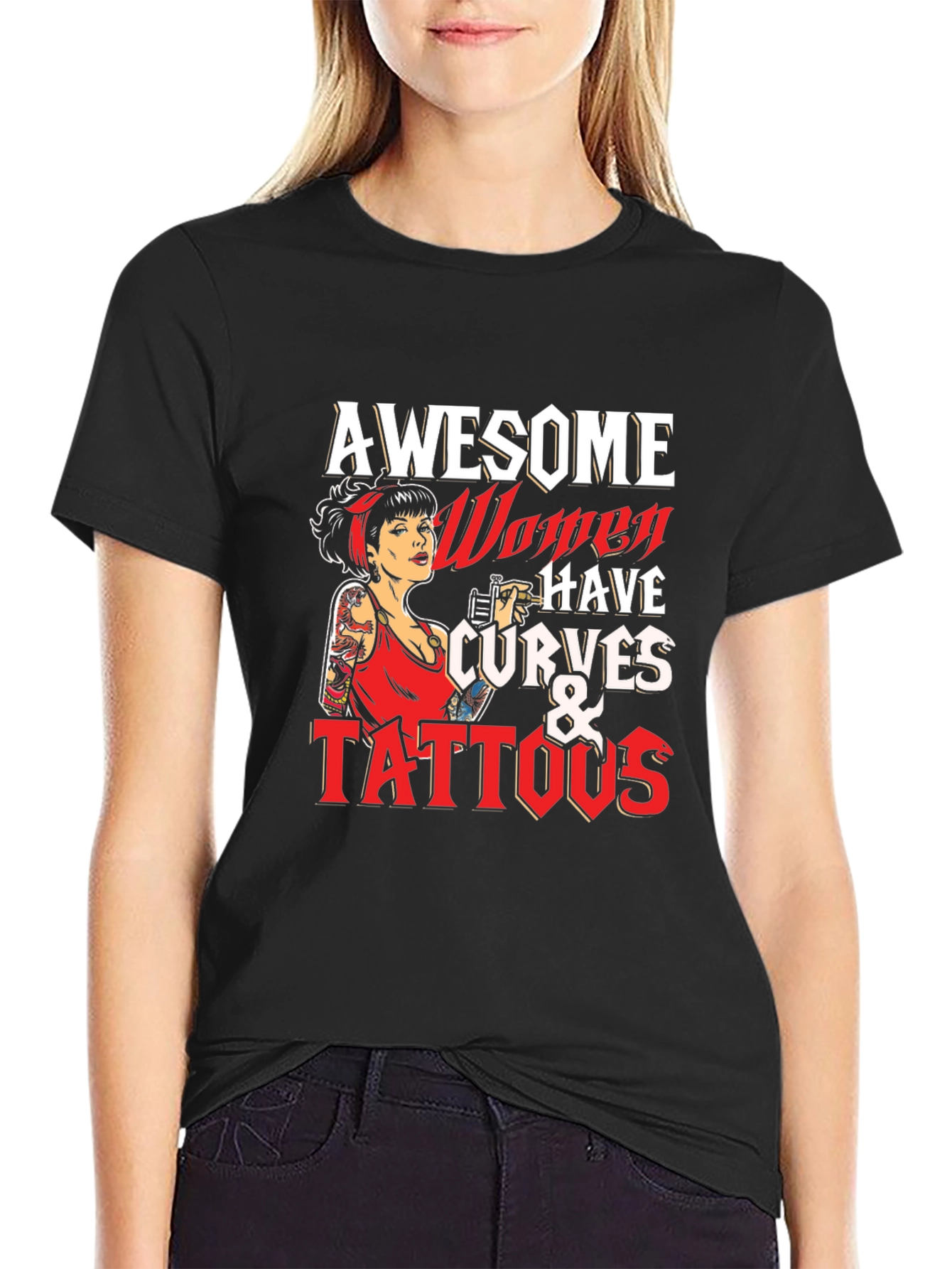 Black Awesome Women Curves & Tattoos T-Shirt view 2
