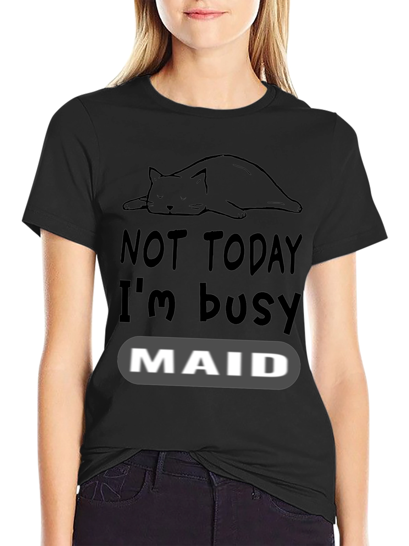 Black Not Today I'm Busy Cat Maid T-Shirt view 2