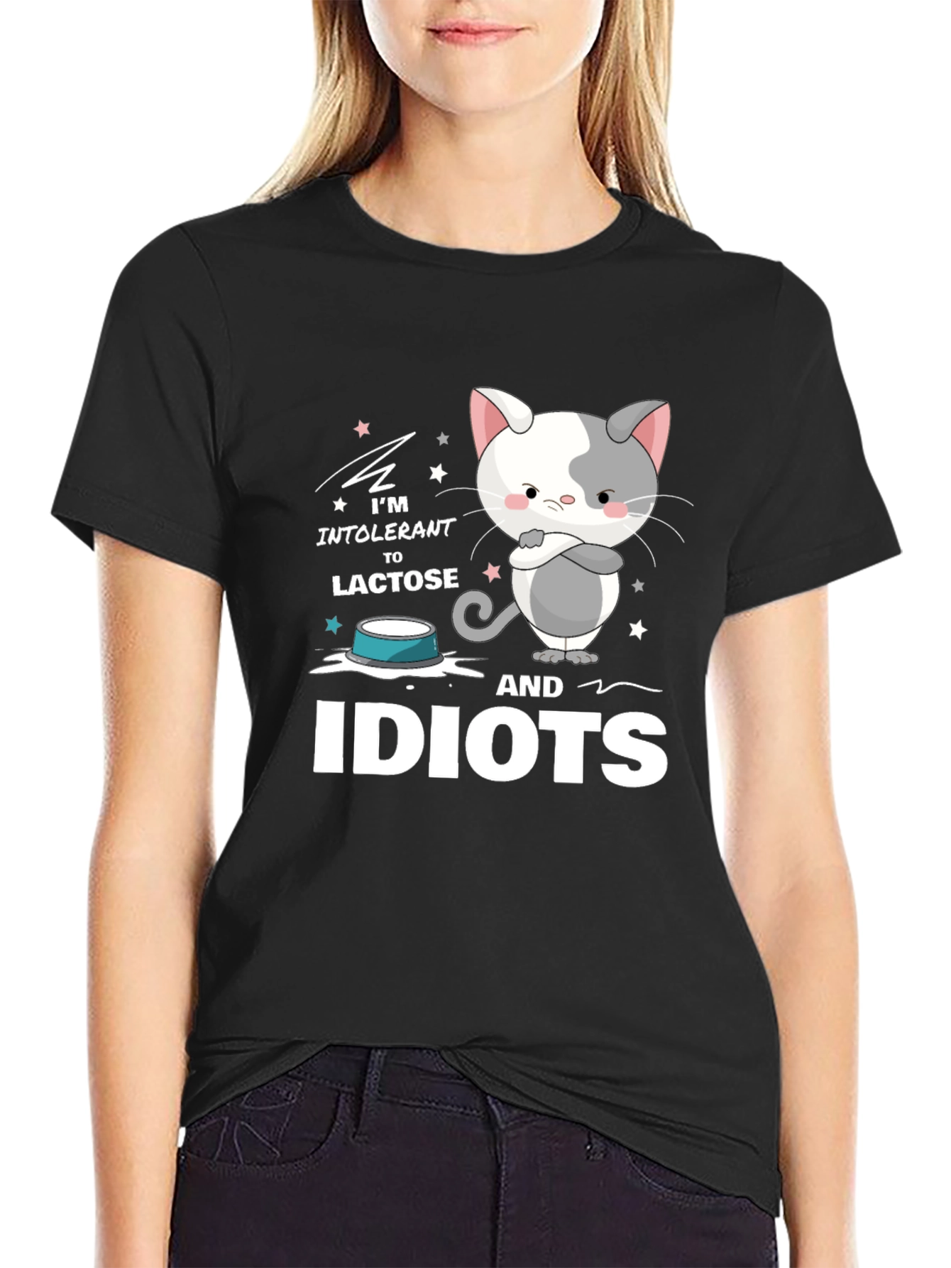 Black Intolerant to Lactose and Idiots Funny Cat T-Shirt view 2