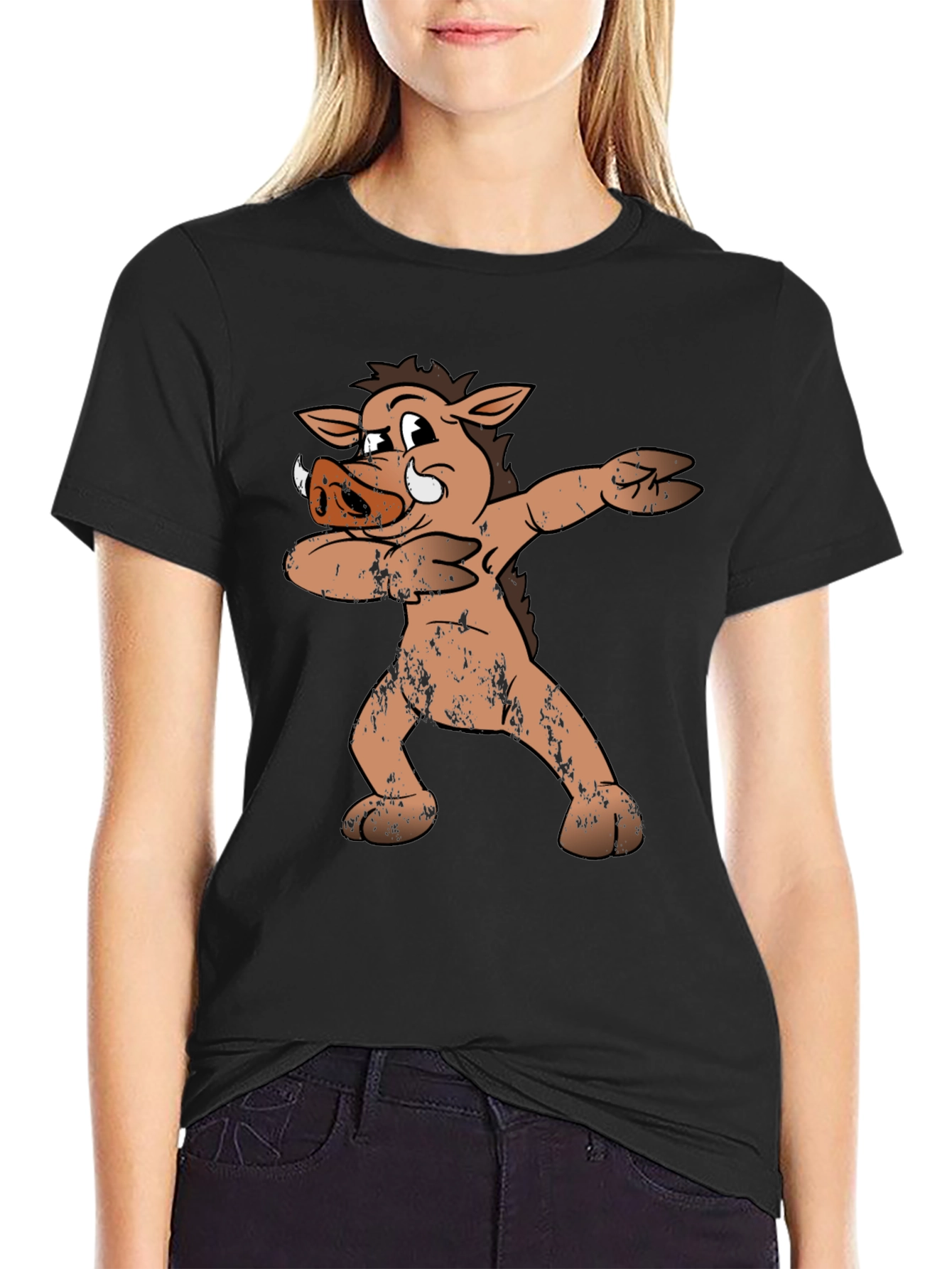 Black Dabbing Boar Graphic Tee - Funny Cartoon Pig T-Shirt view 2