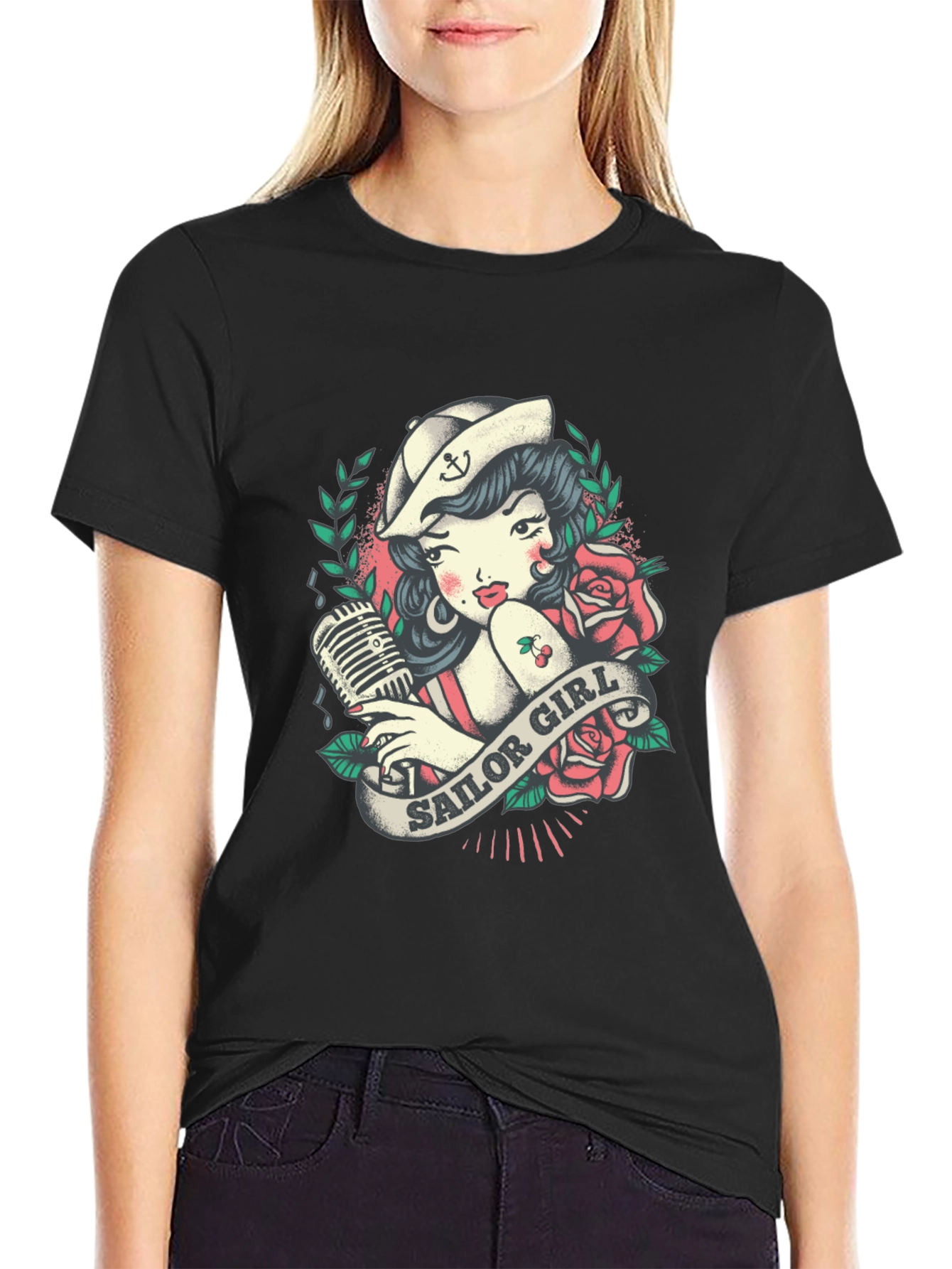 Black Sailor Girl Tattoo Graphic T-Shirt view 2
