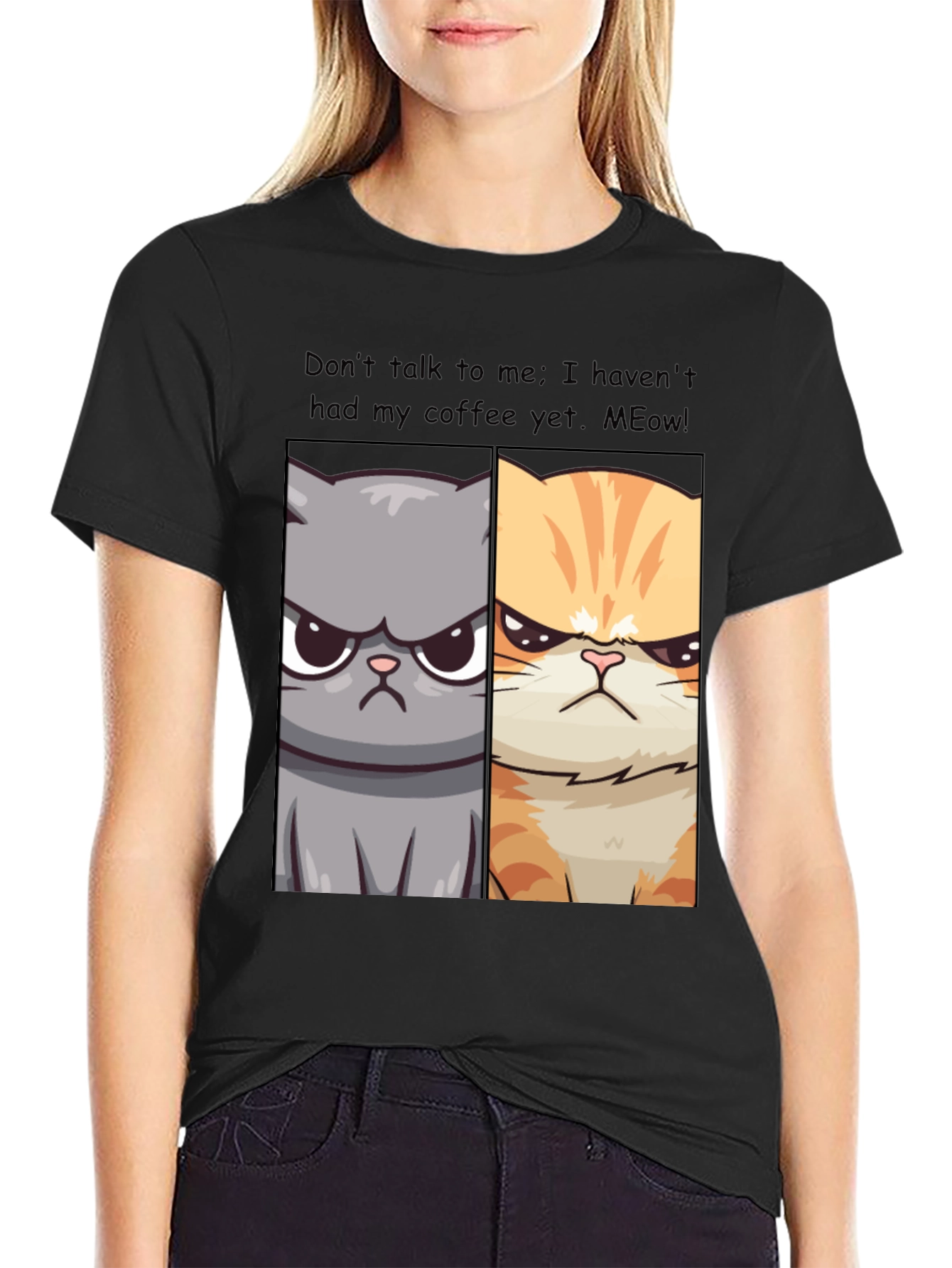 Black Grumpy Cats Coffee Humor T-Shirt view 2