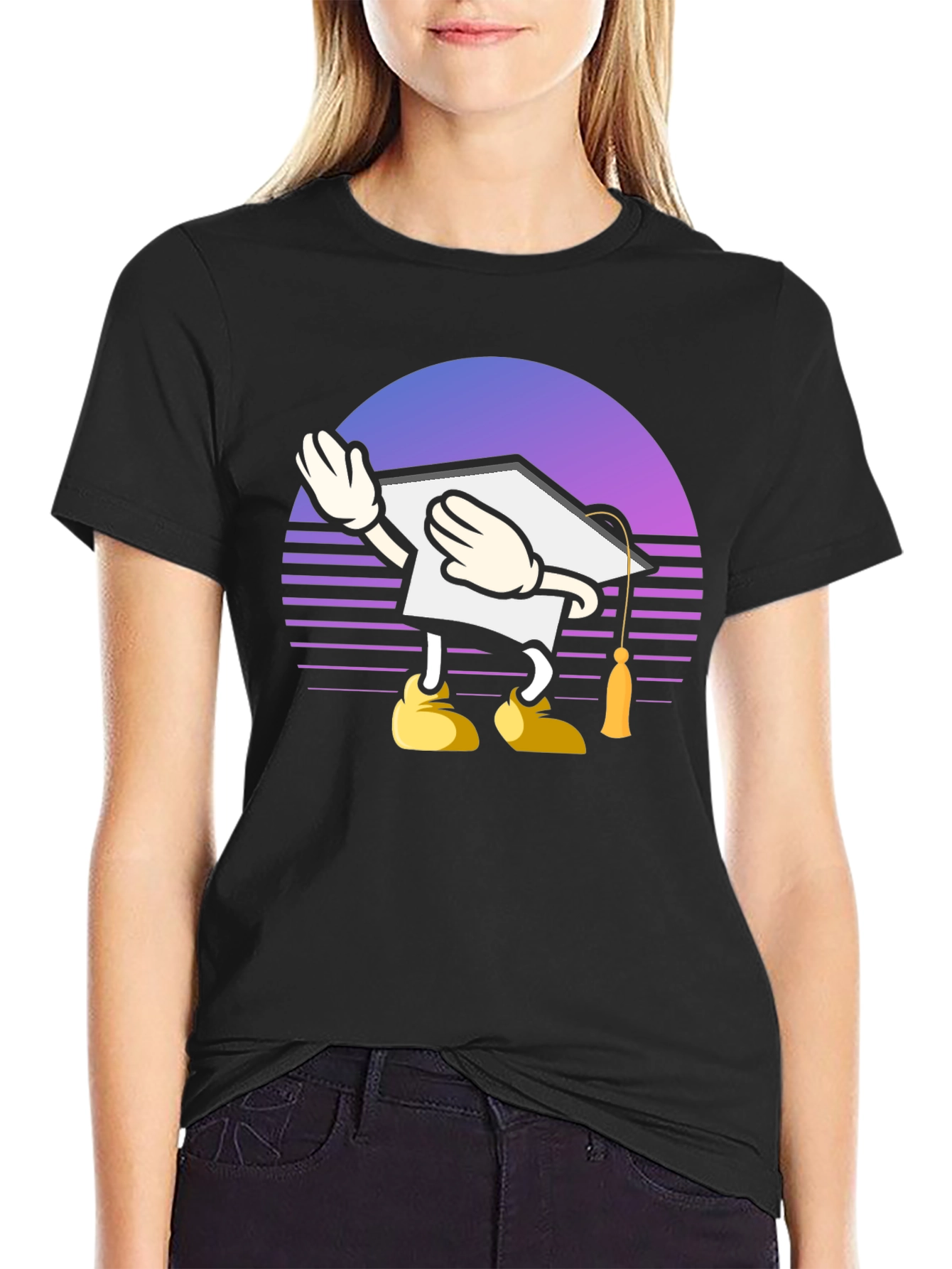 Black Graduation Cartoon Graphic T-Shirt view 2