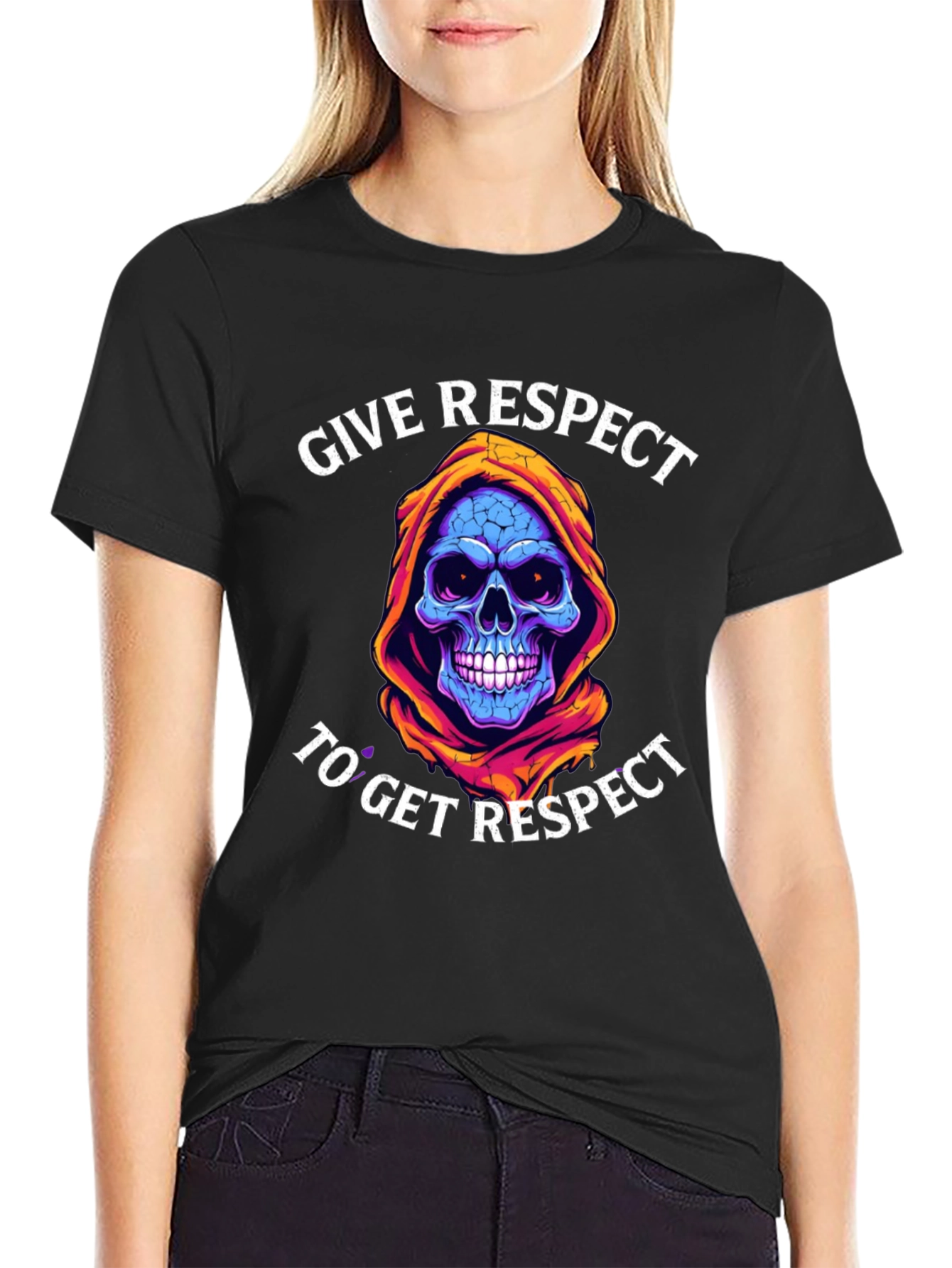 Black Give Respect T-Shirt: Skull Reaper Design view 2