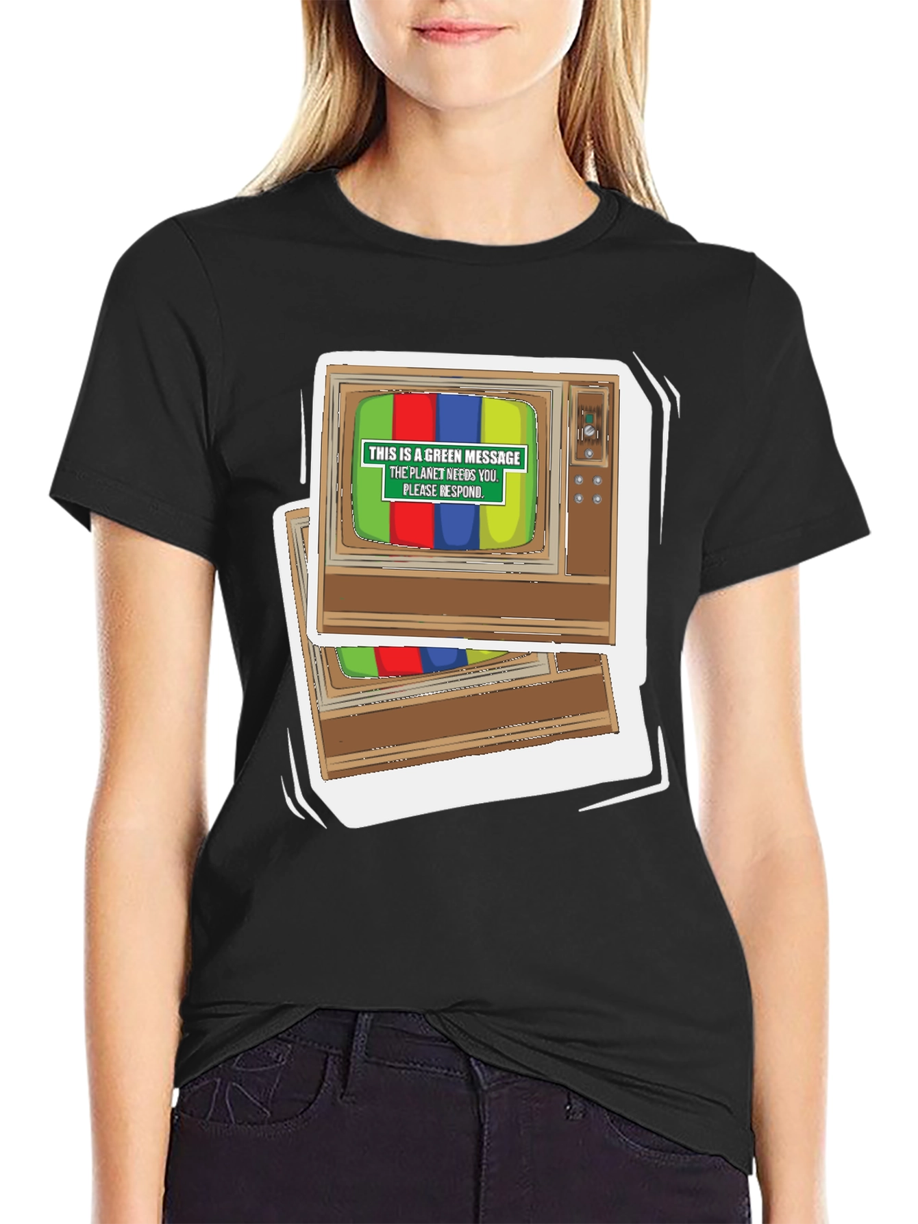 Black Retro TV Green Message Graphic Tee view 2