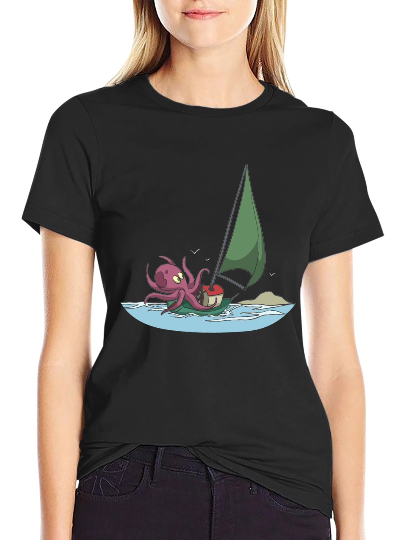 Black Octopus Sailing T-Shirt - Cartoon Design view 2