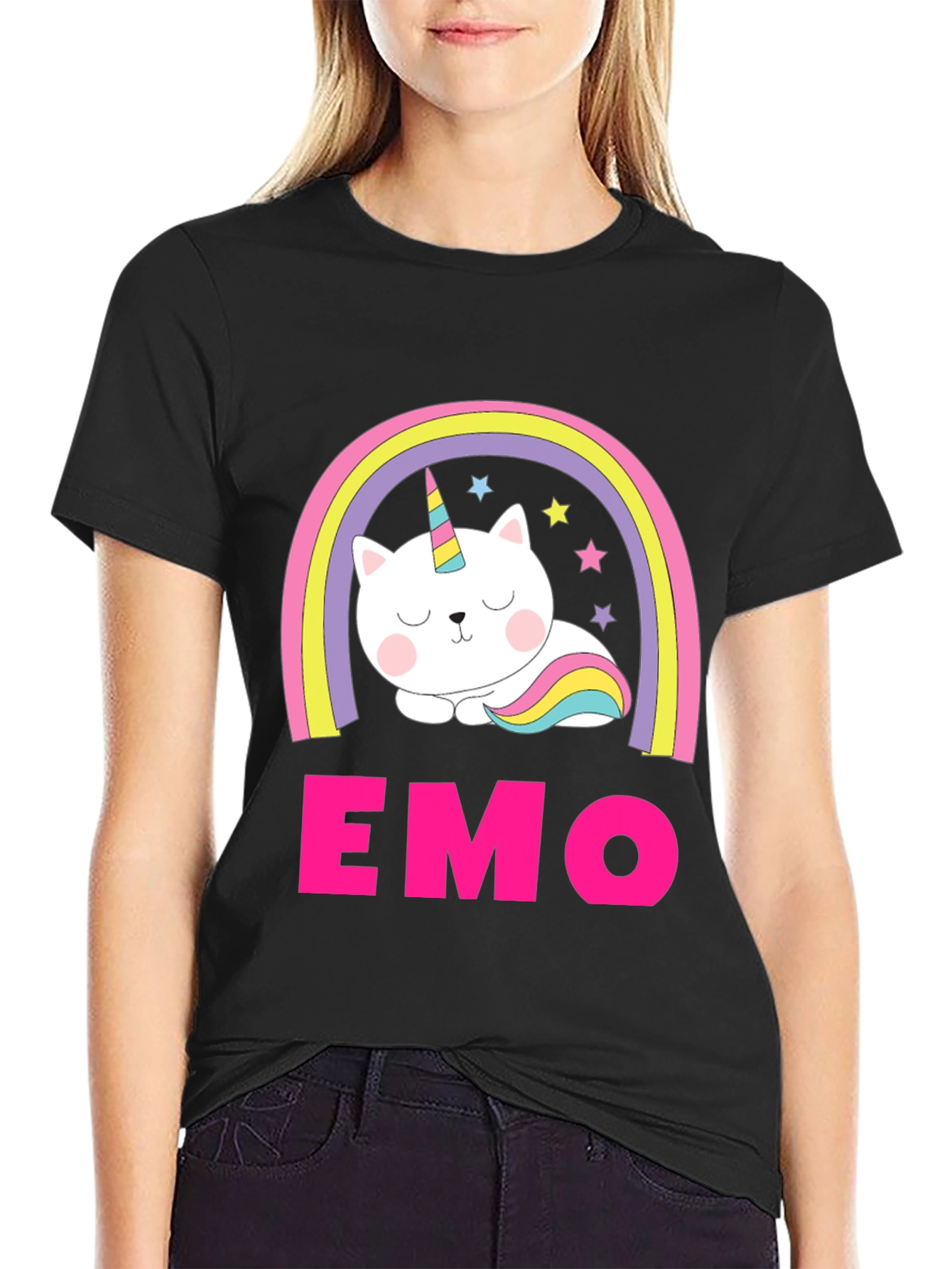 Emo Cat Unicorn Rainbow Graphic T-Shirt - 2
