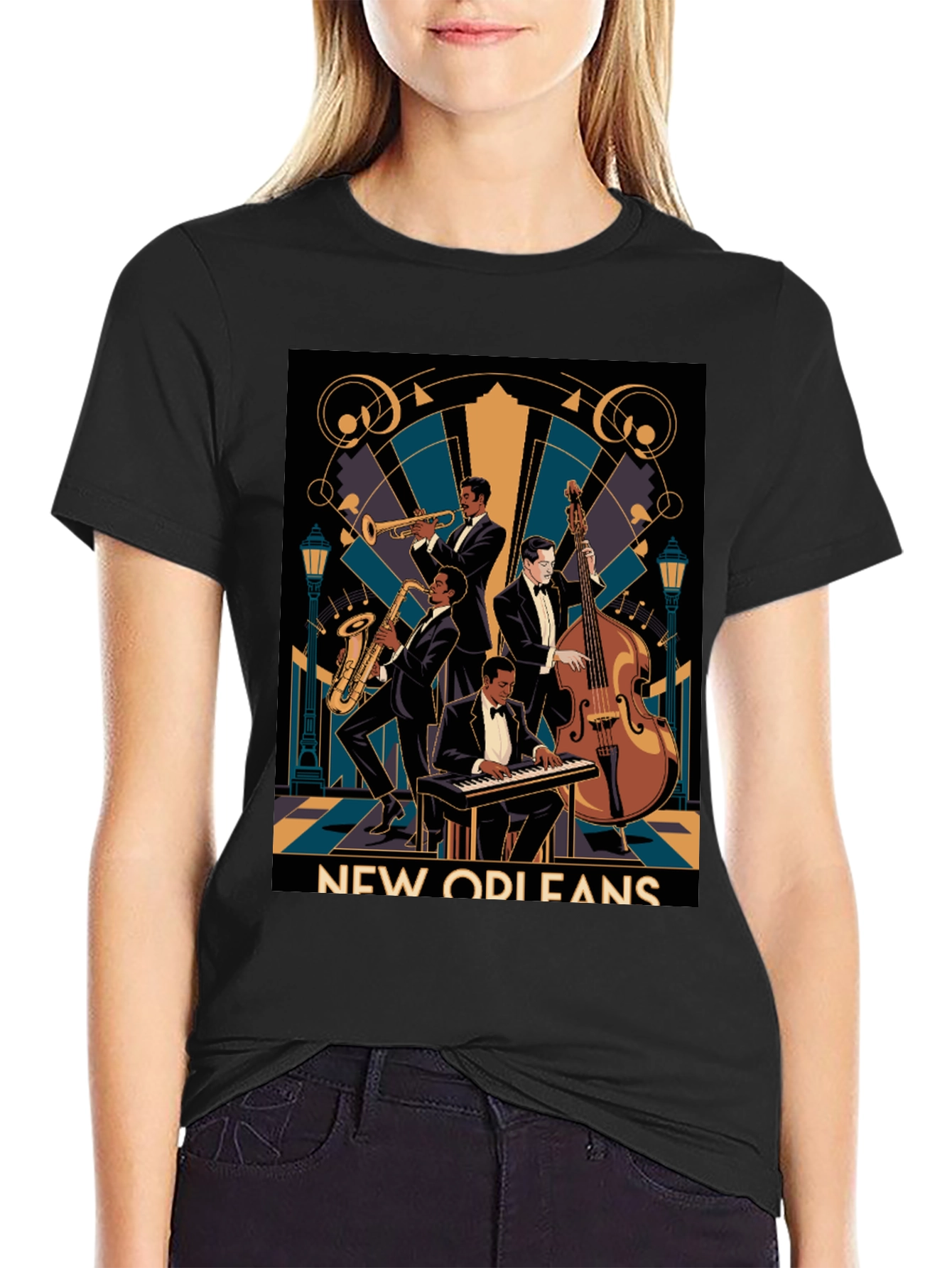 Black New Orleans Jazz Band T-Shirt - Vintage Style view 2