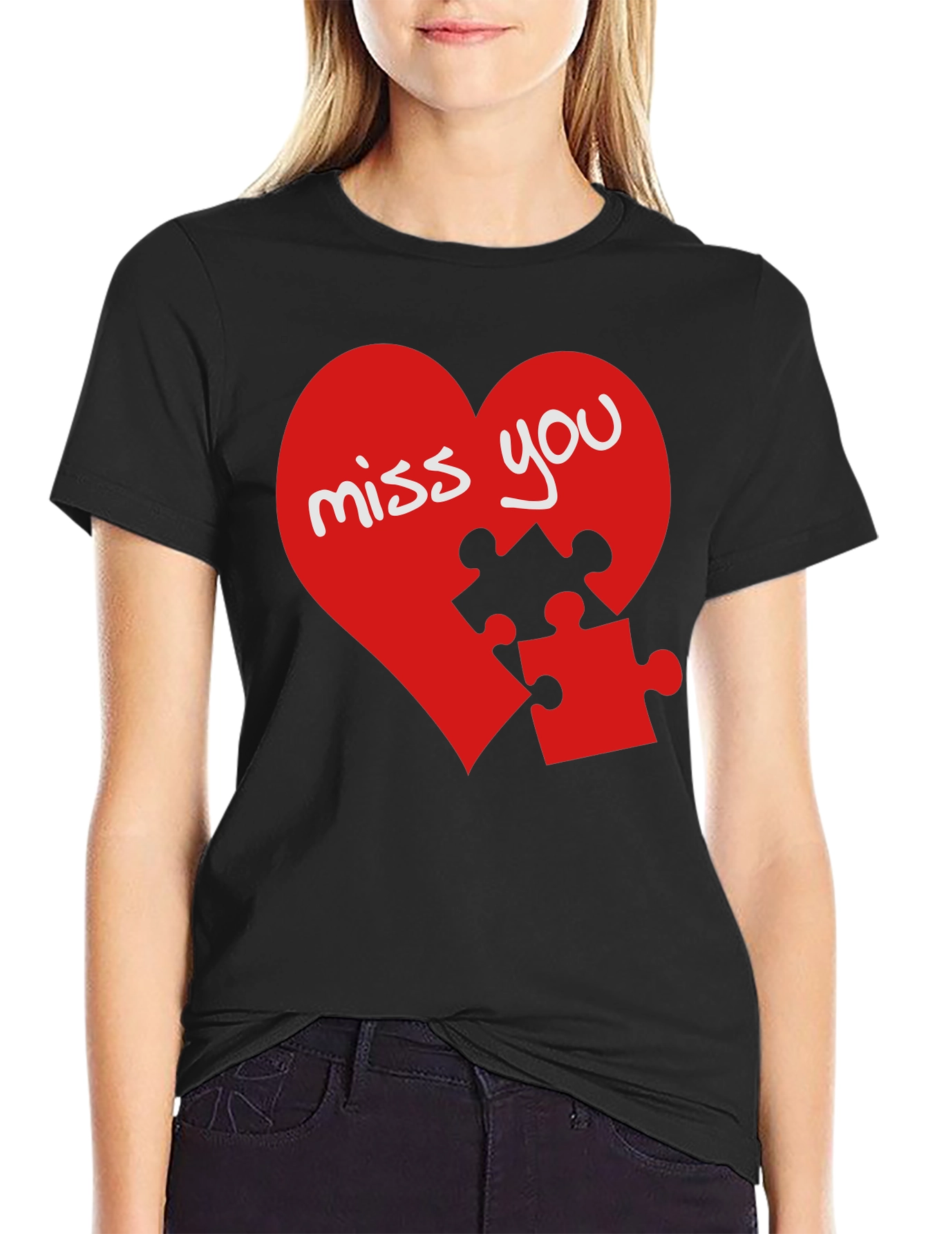 Black Miss You Heart Puzzle Piece Graphic Black T-Shirt view 2
